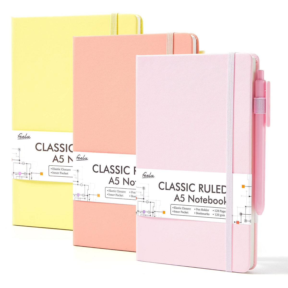 Feela Hardcover Notebook For Work, Classic Ruled Lined Journal Set School Business Supplies, With 3 Black Pens, 120 Gsm, 51Ax83A