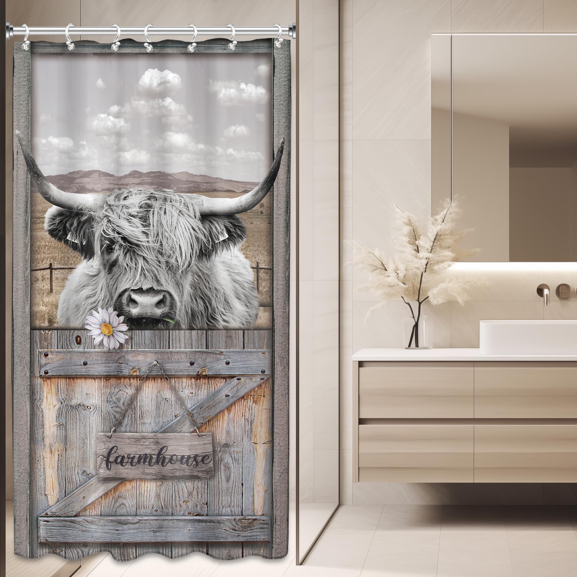 Ambzek Small Stall Funny Highland Cow Shower Curtain 36Wx72L Inch Rustic Farmhouse Bull Wooden Barn Door Western Animal Artwork