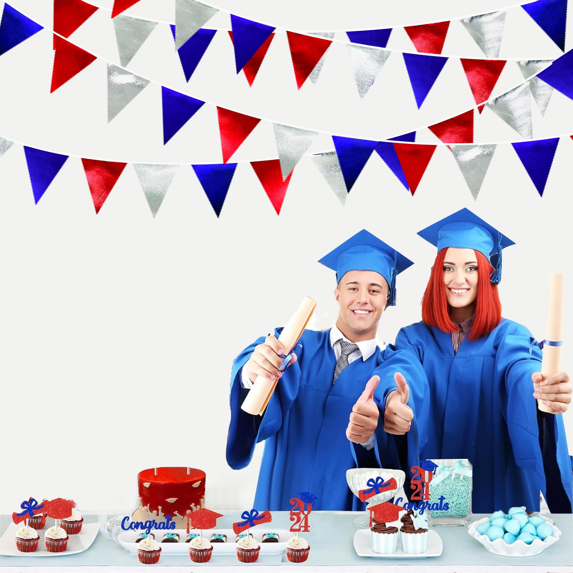 Red Blue Silver Party Decorations Metallic Fabric Triangle Pennant Banner Flag Bunting Garland For Graduations 4Th Of July Ameri