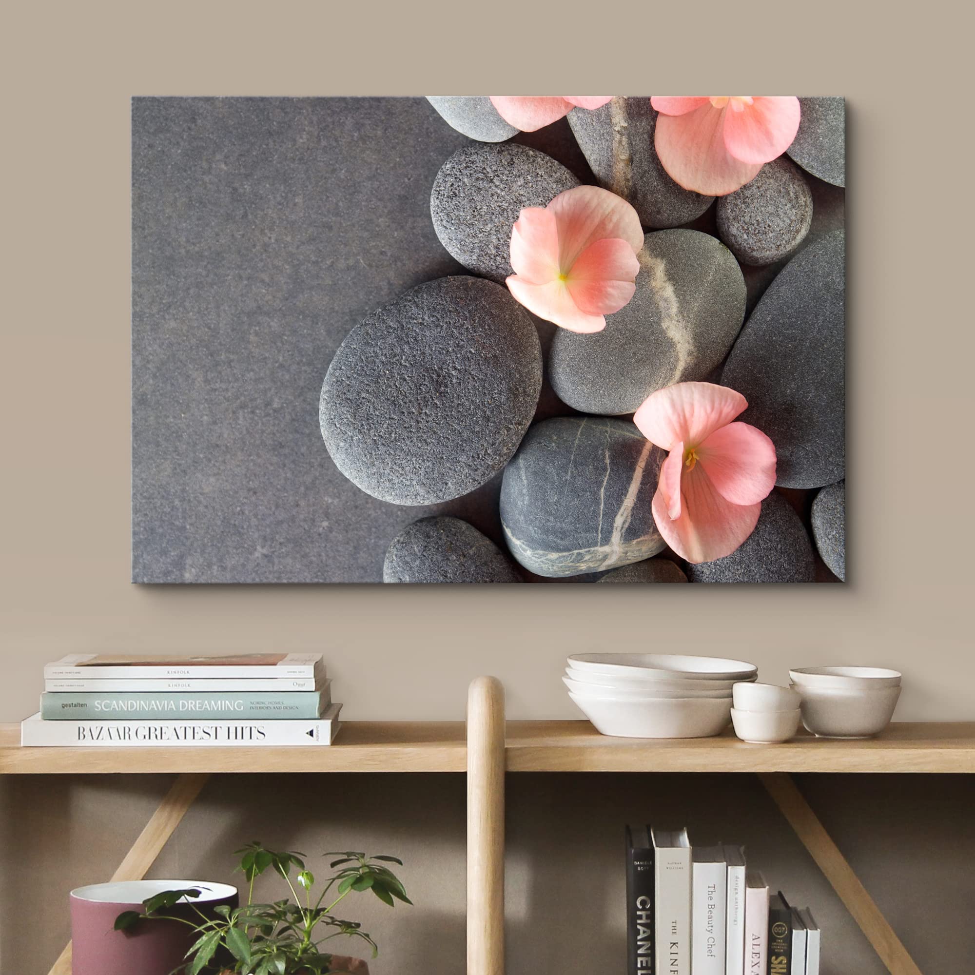 Wall26 Canvas Print Wall Art Gray Stones With Pink Daisy Flowers Floral Nature Photography Realism Bohemian Scenic Relax/Calm Co