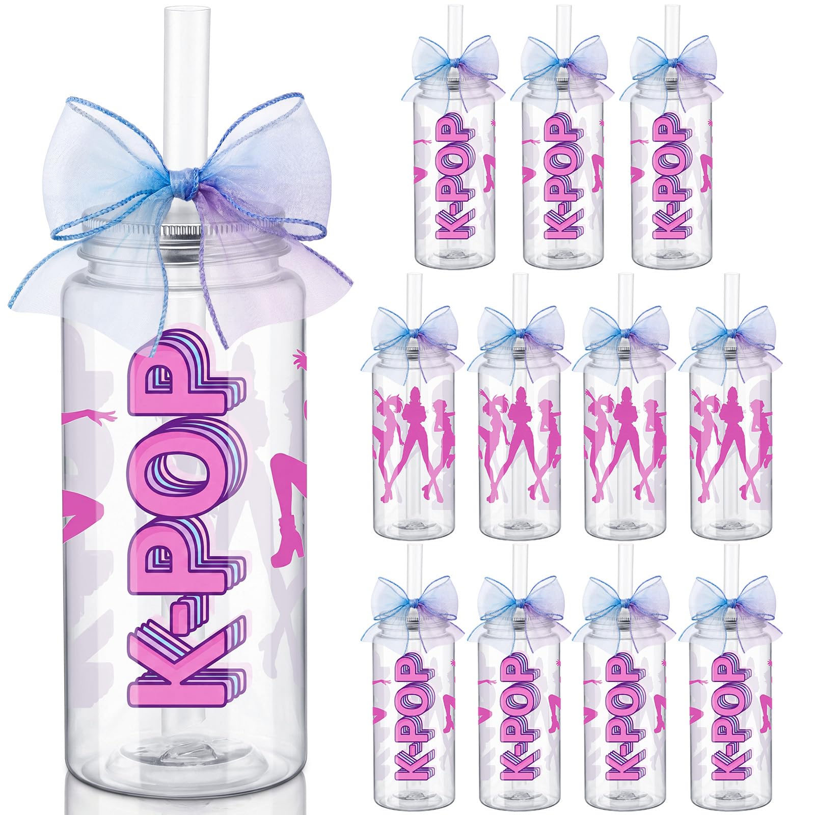 Meanplan 12 Pcs KPOP Skinny Tumblers14oz Bow Water Bottle Plastic KpopTumblers with Lid and Straw for Girls Teens Kpops Party G