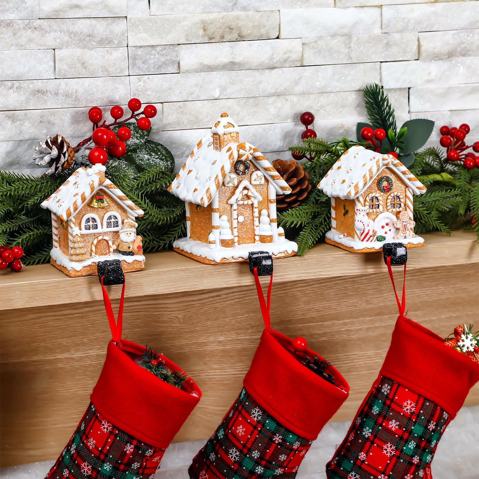 Riceshoot 3 Pcs Christmas Gingerbread House Stocking Holder Christmas Stocking Holders for Mantle Village Stand Tree Santa House