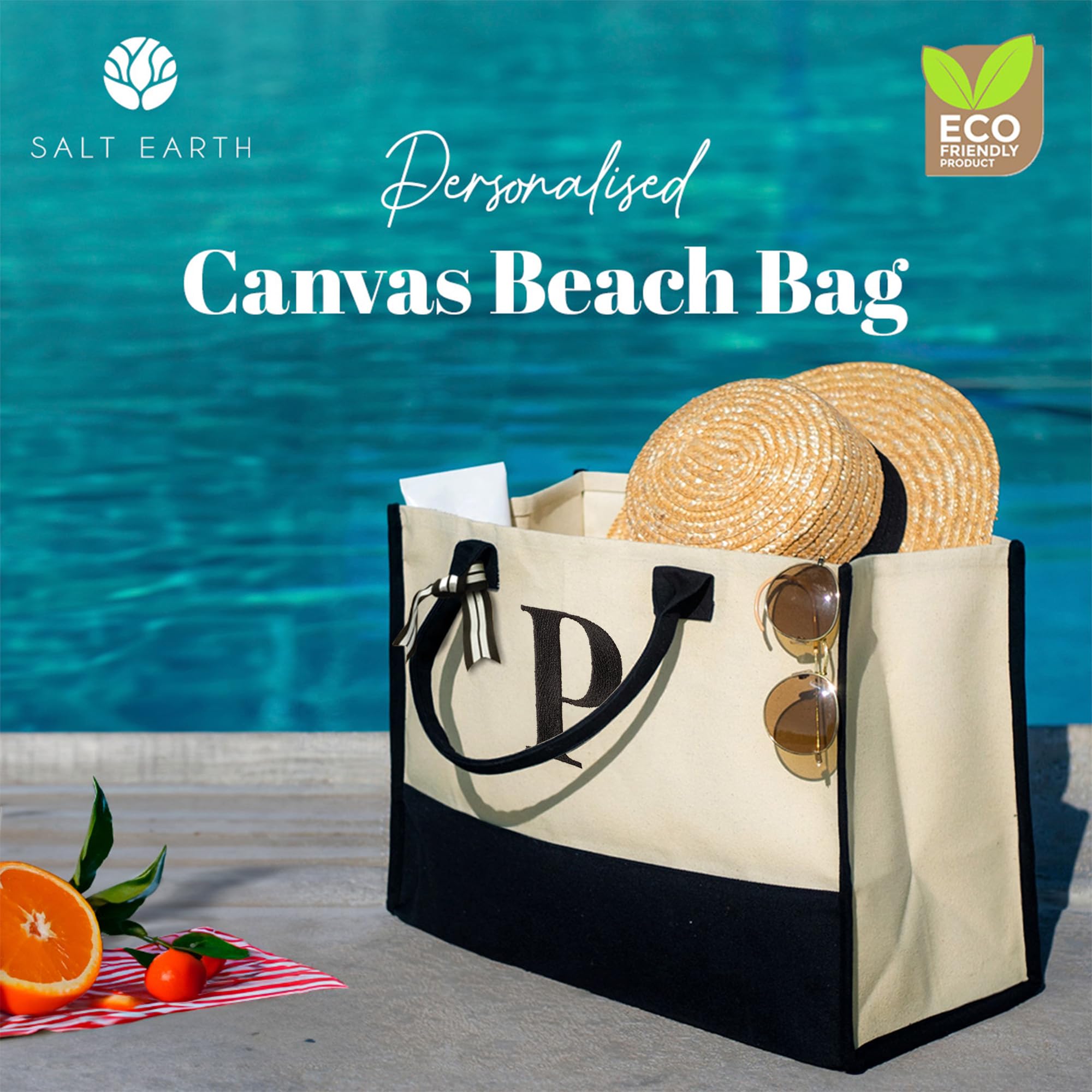 Salt Earth 100% Cotton Personalized Everyday Canvas Initial Tote Bag For Women, Monogrammed Large Utility Bag For Beach, Travel,