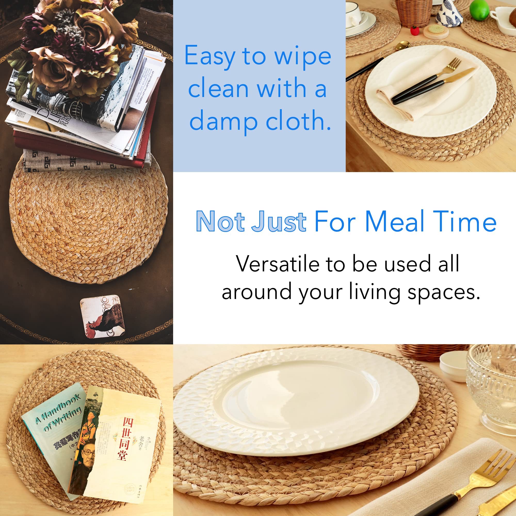 Round Braided Placemats Set Natural Round Placemats For Kitchen Dining Table 13.8 Inch Round Indoor Outdoor Woven Wickers Table