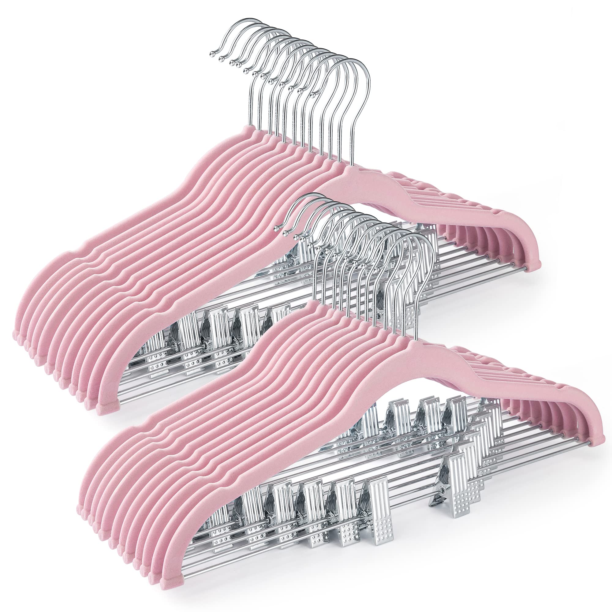 House Day Velvet Skirt Hangers 24 Pack, Pink Velvet Hangers With Adjustable Clips, Space Saving Slim Velvet Pant Hangers, Heavy