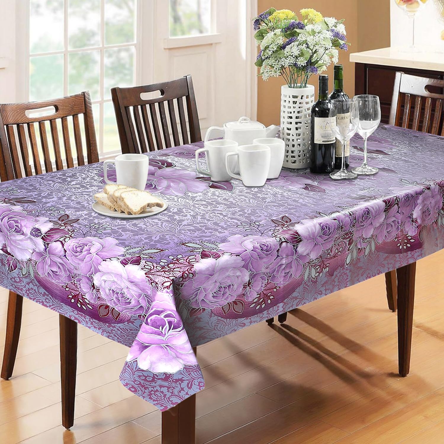 Dakshya Industries Flower Design 6 Seater Dining Table Cover| Table Cover |Waterproof & Heat Resistant,Polyvinyl Chloride (PVC),