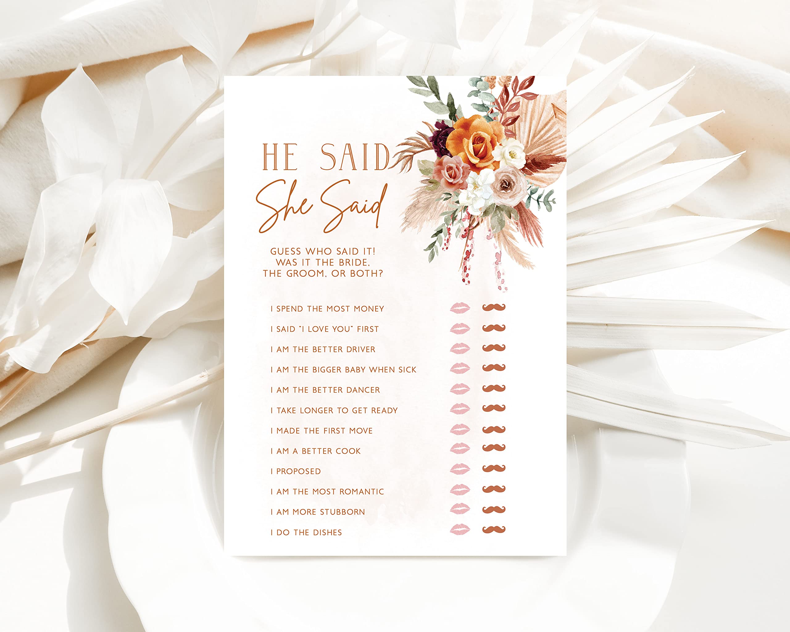 Fun Bridal Shower Games - Boho Floral Terracotta Orange Wedding Activities Set, 25 Double-Sided Cards, Includes Guest Quest, He