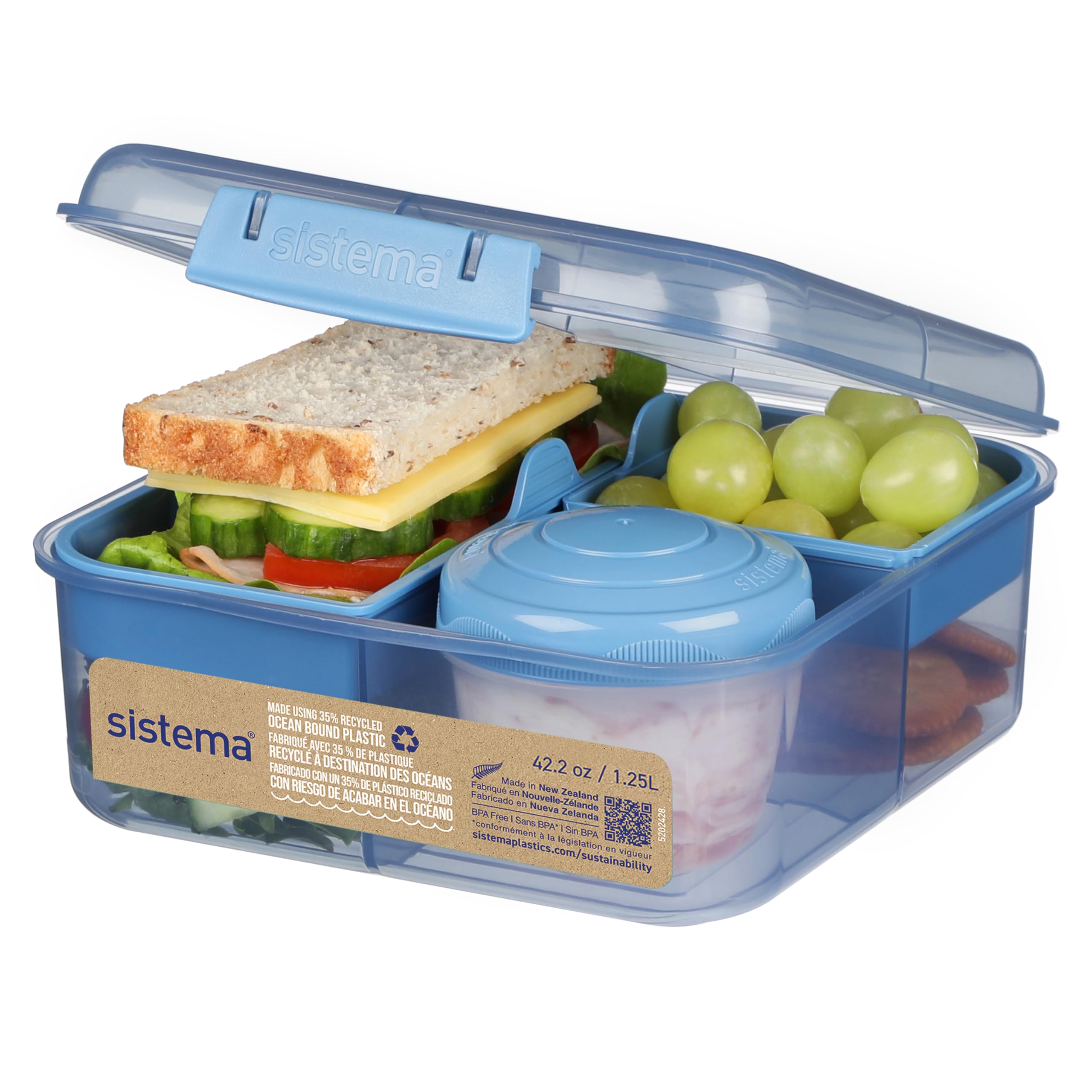 Sistema Ocean Bound Plastic Bento Box Cube | 1.25L Square Lunch Box With Yoghurt/Fruit Pot | Bpa-Free Made Using Recycled Plasti