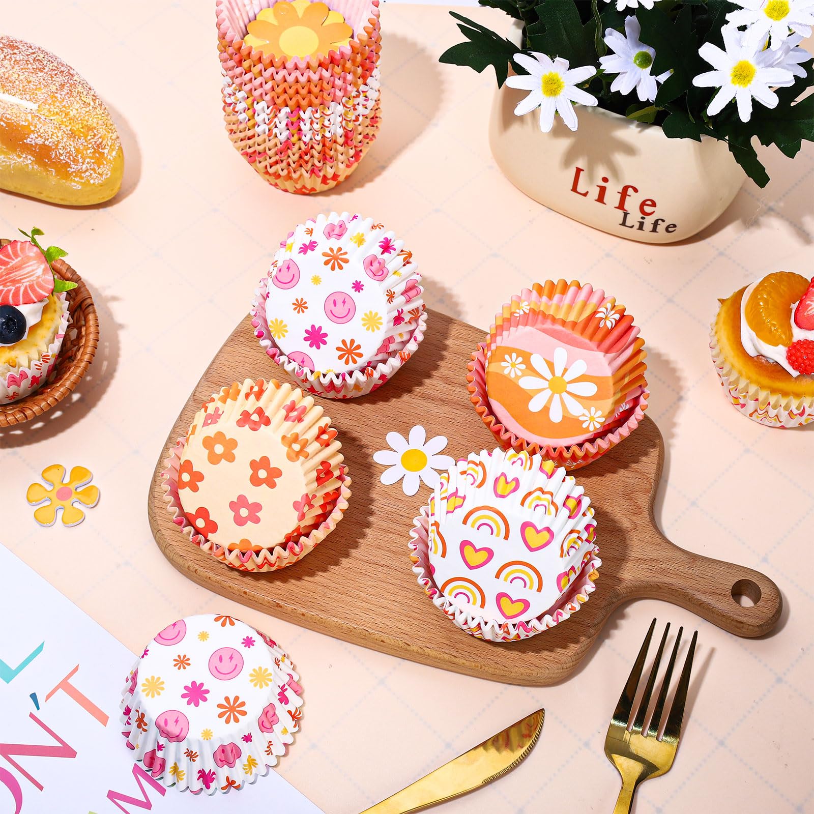 Whaline 600Pcs Boho Cupcake Liners Retro Groovy Party Cupcake Wrappers Rainbow Daisy Flower Paper Baking Cups Baking Liners For