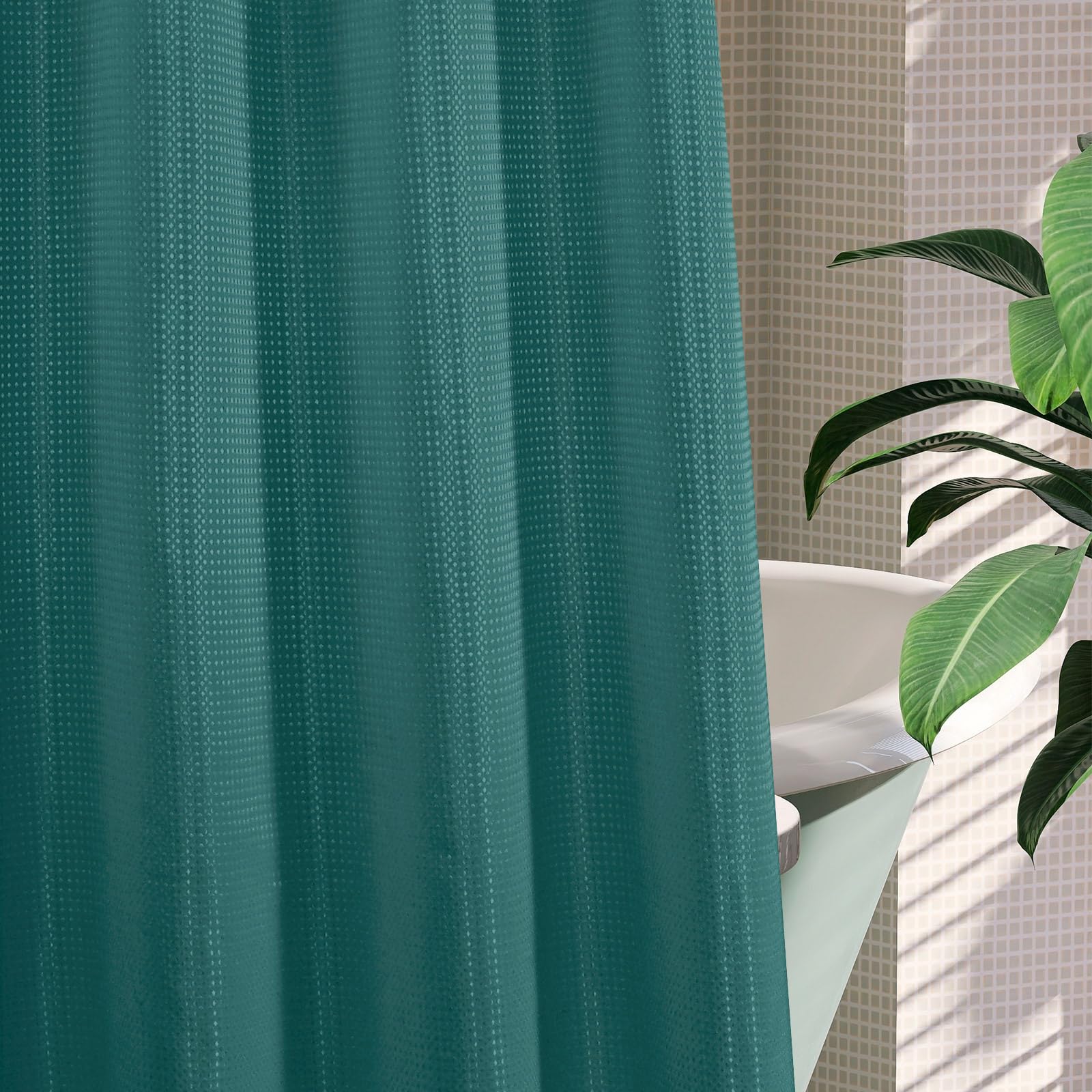 Mitovilla No Hooks Needed Extra Long Shower Curtain Set With Snap-In Liner, Green 86 Inch Xl Heavyweight Waffle Cloth Shower Cur
