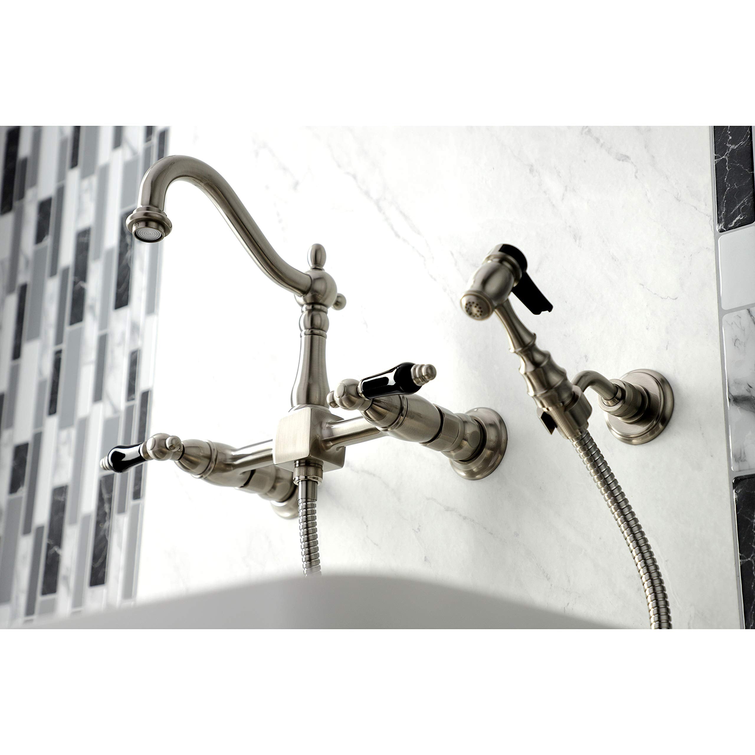 Kingston Brass KS1268PKLBS Duchess Wall Mount Bridge Kitchen Faucet with Brass Sprayer  Brushed Nickel