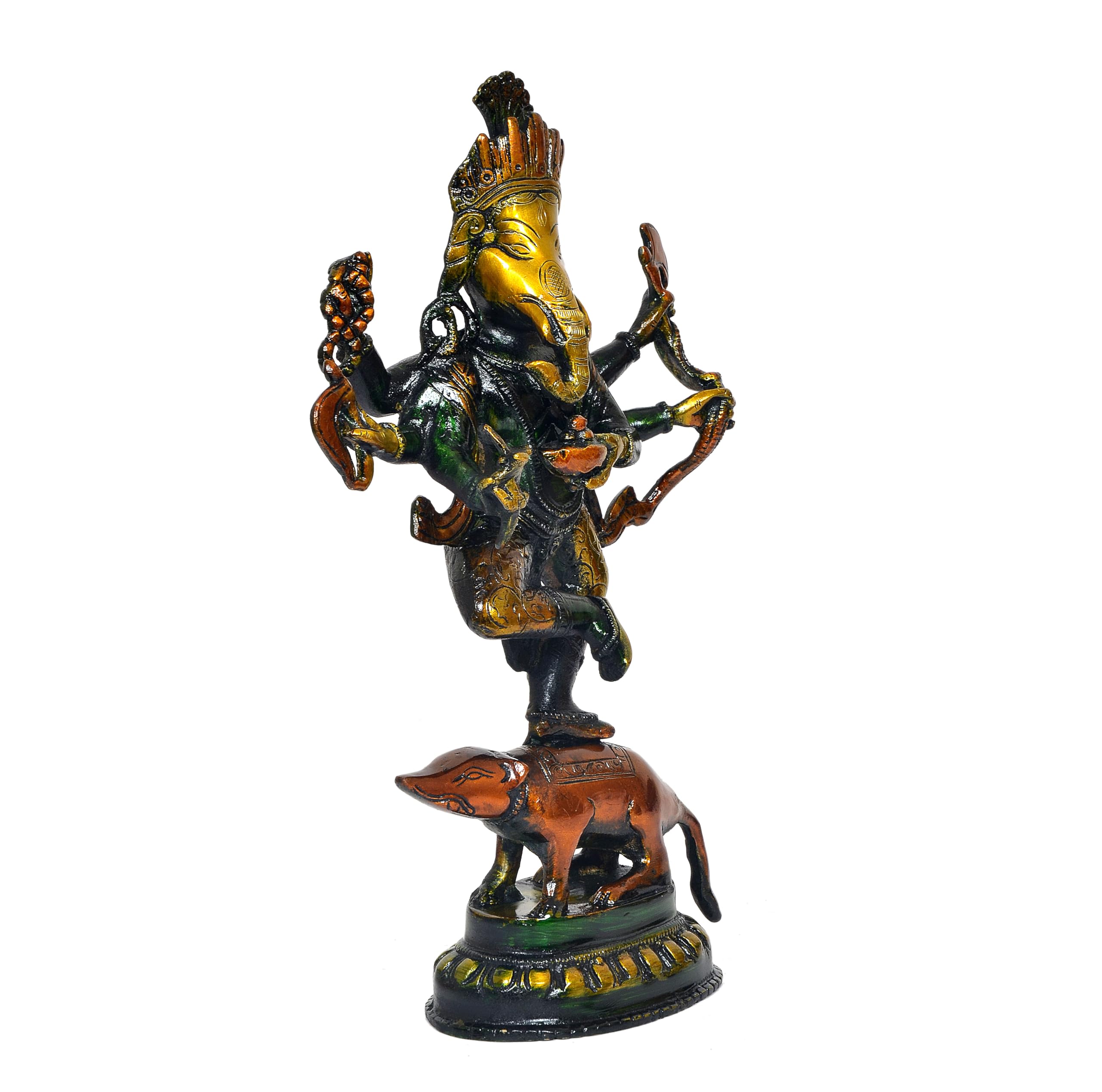 Dattatreya Brass Ganesha Six Hand God Ganesh Dancing On Mushak Idol For Home Decor Pooja Mandir Temple (Height 12 Inch)