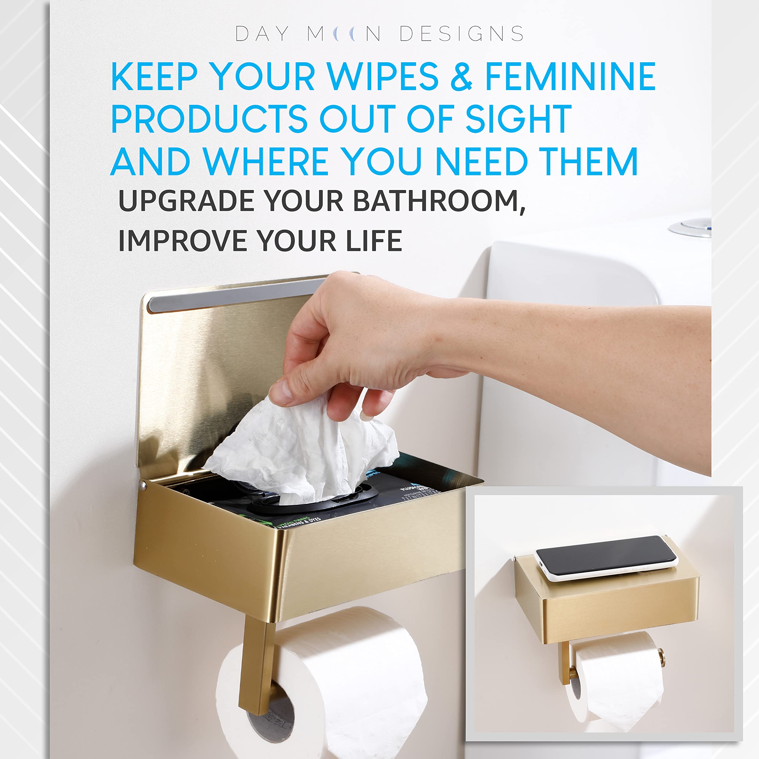 Day Moon Designs Brushed Gold Toilet Paper Holder with Shelf - Wipe Holder for Bathroom  Flushable Wipes Dispenser - Toilet Paper and Wipes Holder - Toilet Paper Holder with Storage  Tampon Holder