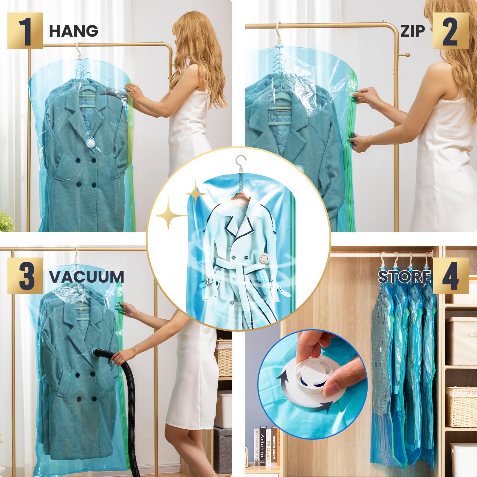 TAILI Hanging Vacuum Storage Bags Space Saver Bags for Clothes  4 Long Vacuum Seal Bag for Suits  Coats or Jackets  Closet Organizer and Storage  Blue