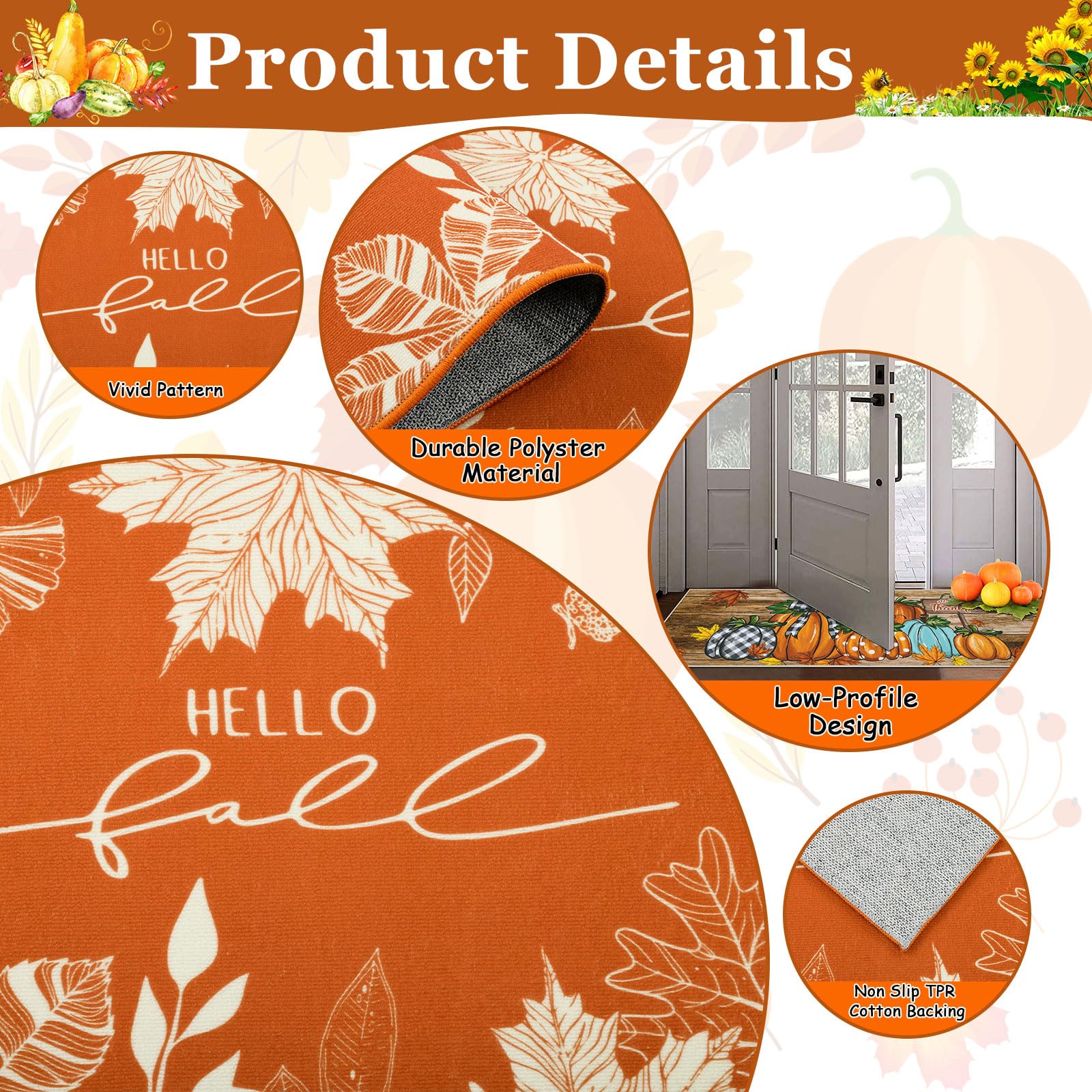 U Artlines Fall Leaves Kitchen Rugs with Runner Sets 3 Piece Farmhouse Seasonal Harvest Holiday Party Rugs and Mats Non Skid Wa