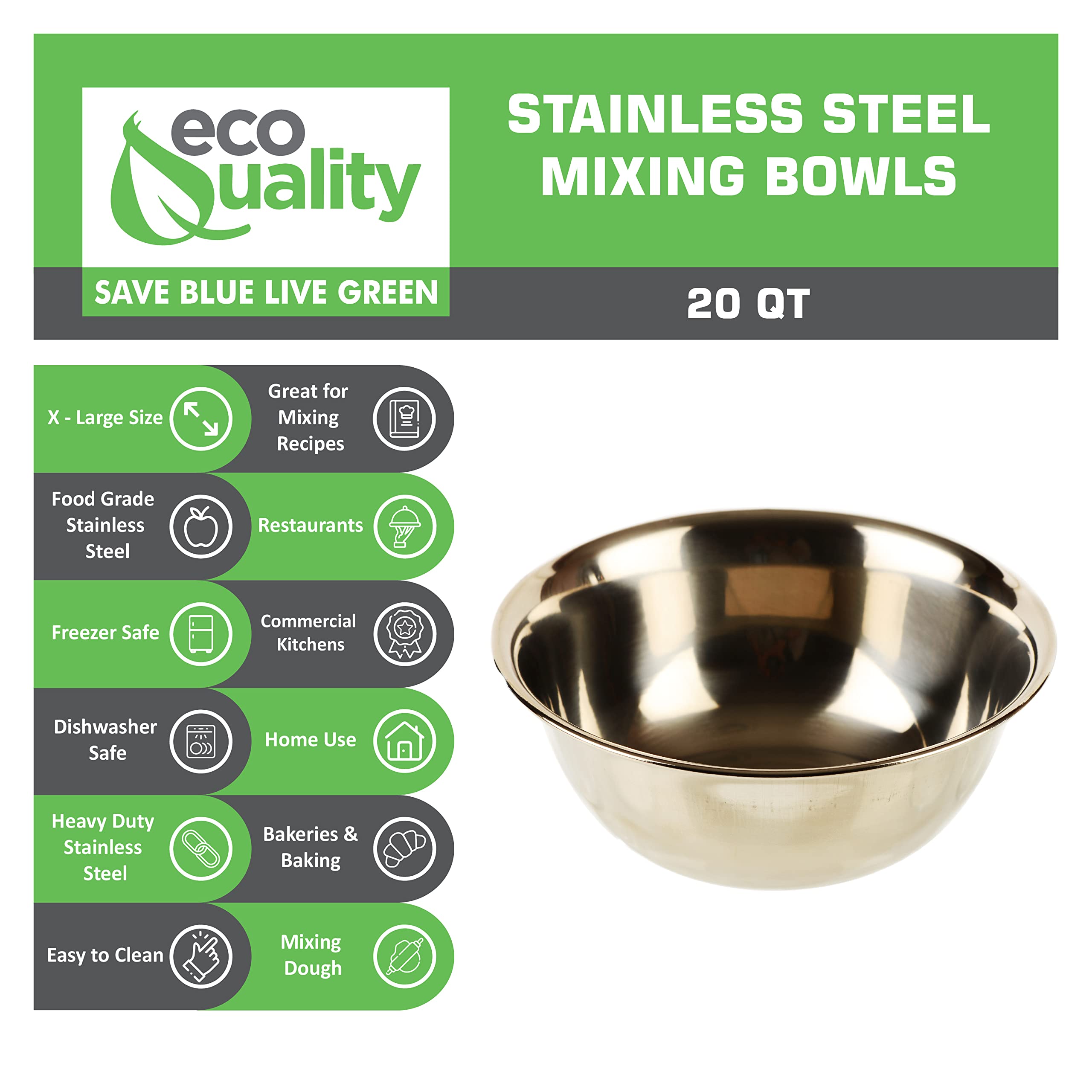 Ecoquality [1 Pack] 20 Quart Large Stainless Steel Mixing Bowl - Baking Bowl, Flat Base Bowl, Preparation Bowls - Great For Baki