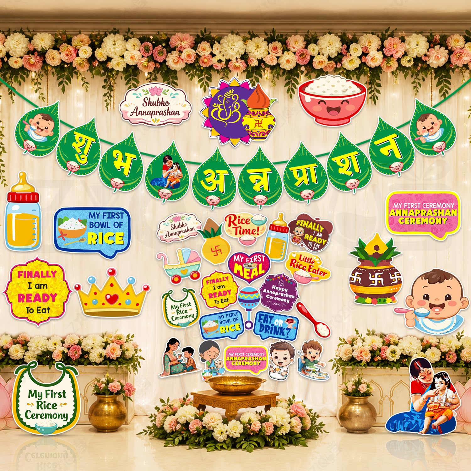 Zyozique Shubh Annaprashan Decorations Combo with Paper Banner, Photo Booth Props & Cardstock Cutouts for Rice Ceremony, Annapra