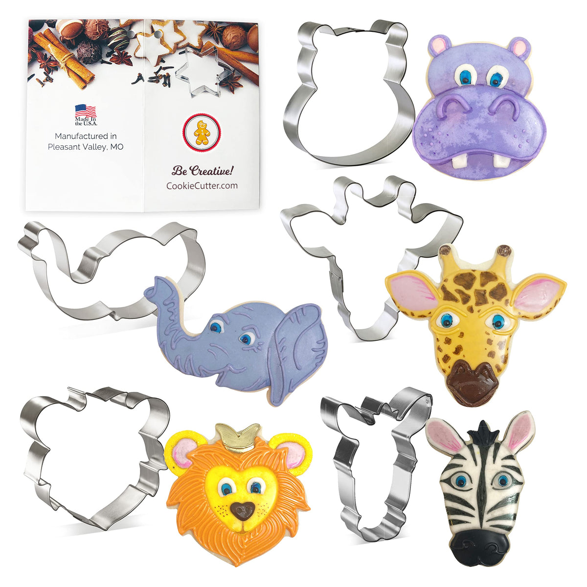Foose Cookie Cutters 5 Piece Jungle Animal Faces Circus Elephant, Giraffe, Hippo, Lion, Zebra, Usa