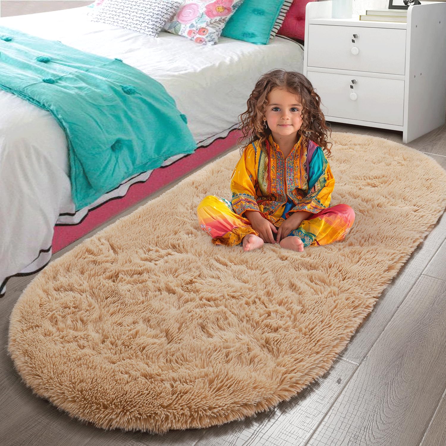 LOCHAS Fluffy Brown Bedroom Rug 2.6 x 5.3 Feet, Shaggy Area Rugs for Bedroom Bedside Girls Kids Room, Soft Oval Runner Rugs Carp