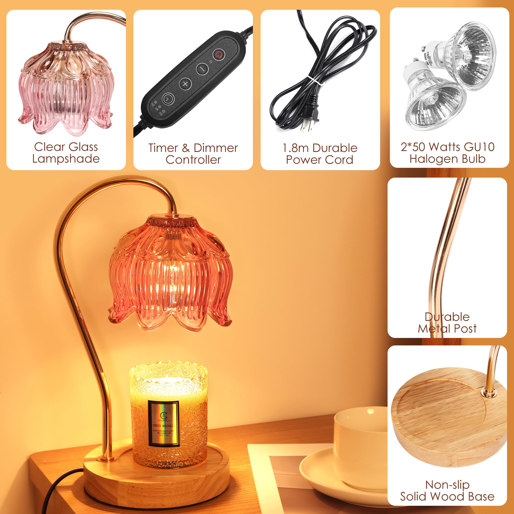 Merrtody Flower Candle Warmer Lamp - Dimmable Electric Timer, Pink Flower, Model RLD-F01, Perfect Mother's Day Home Decor Gift