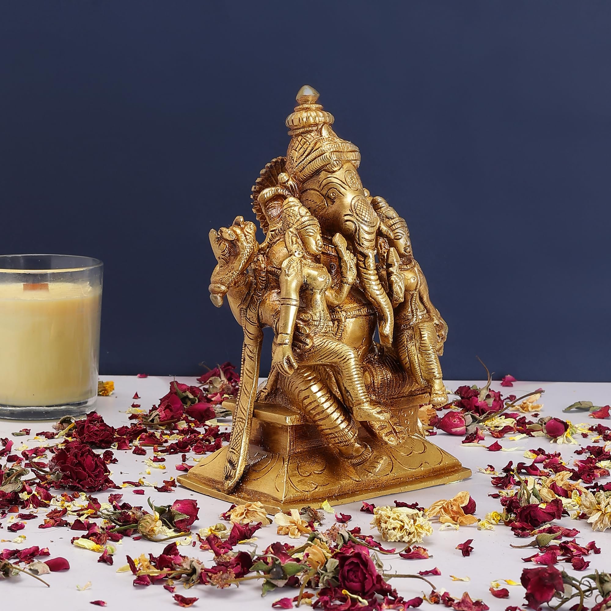 Try Feet Exquisite Divine Ganesh Statue With His Consorts Ridhi Sidhi, Traditional Hindu Religious Sculpture, Decorative Home Te