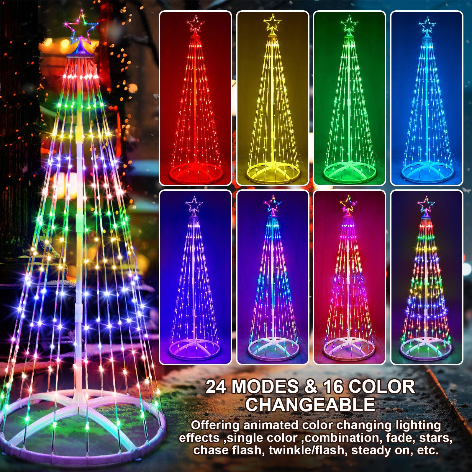 Tujoe 2 Pack 9FT Christmas LED Cone Tree Lights 24 Modes Color Changing with Timer Foldable Lighted Trees Waterproof Outdoor Str