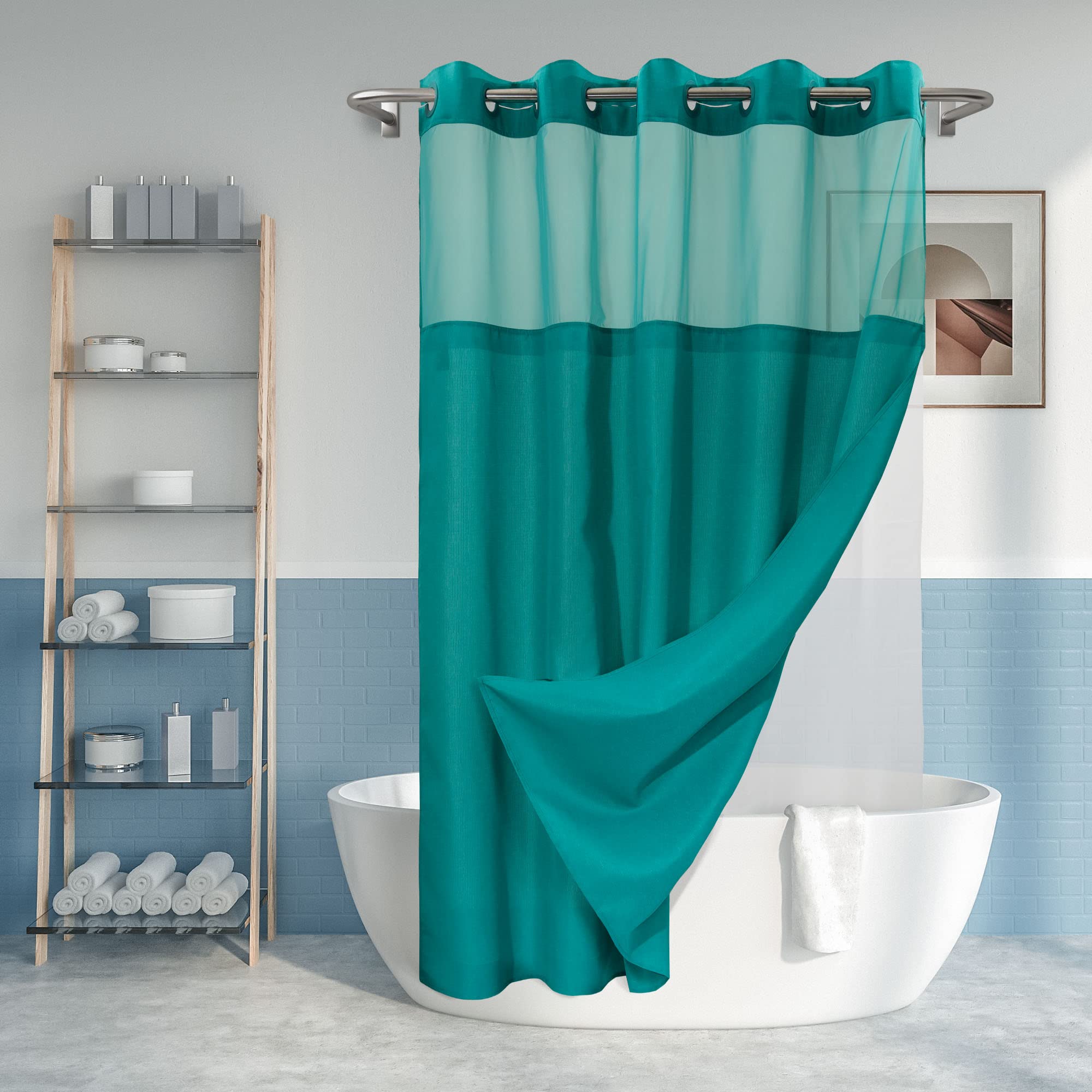 River Dream No Hook Slub Textured Shower Curtain with Snap-in PEVA Liner Set - 71 x 74(72), Hotel Style with See Through Top Win
