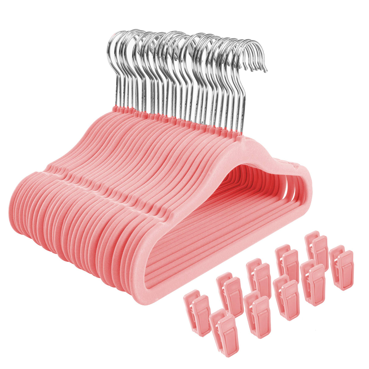 Finnhomy Non-Slip Clothes Hangers For Baby And Kids 30-Pack Velvet Hangers With 10 Finger Clips, Light Pink