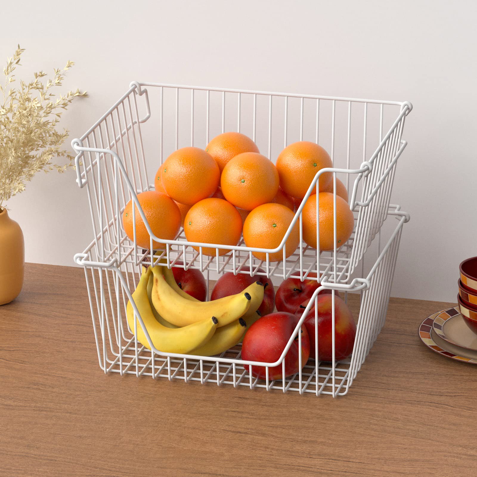 Slideep 14'' Large Bin Baskets Stacking Baskets Sturdy Metal Wire Storage Baskets Organization With Handles For Pantry, Kitchen,