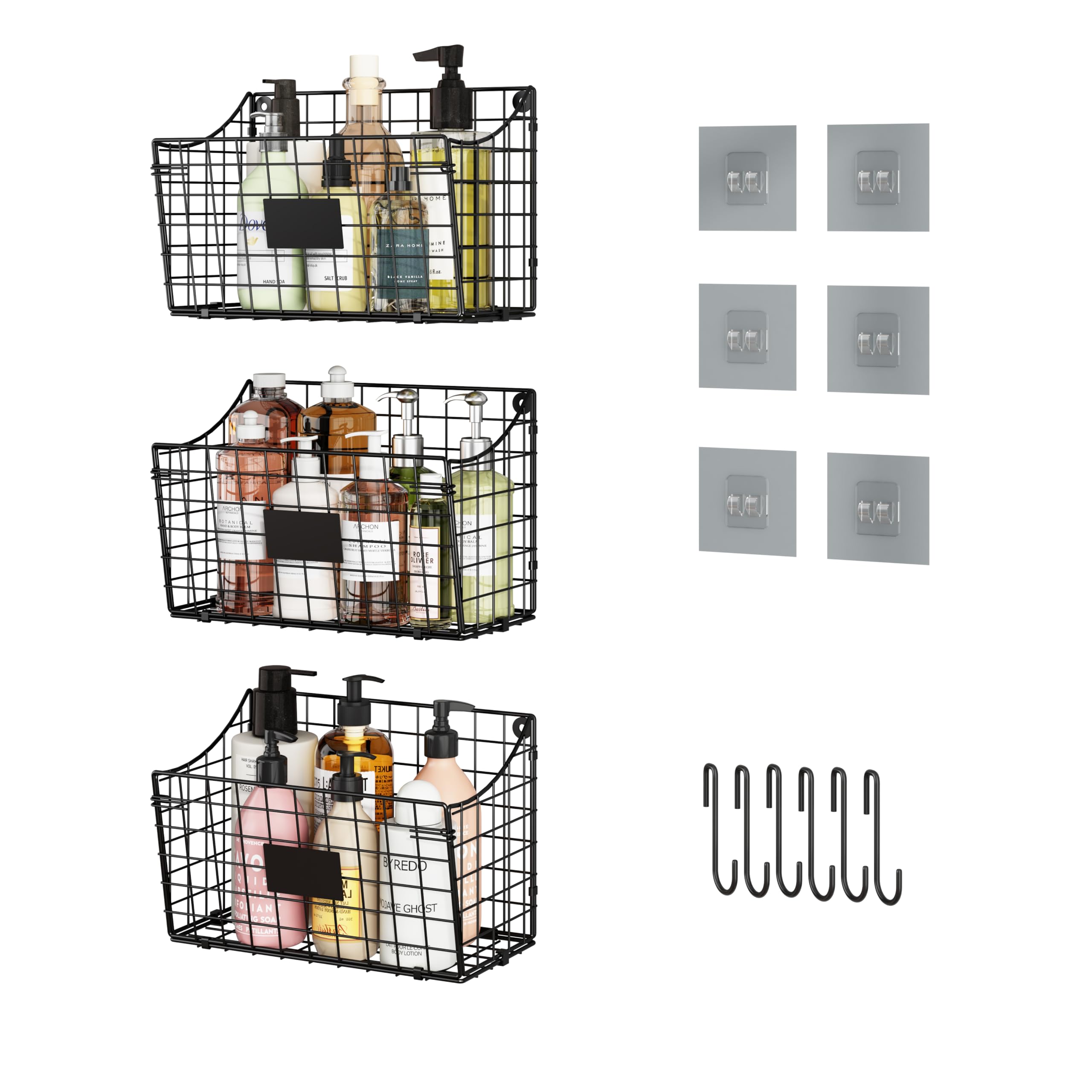 Wall Mounted Bin Basket With 5 Hooks 3 Label Plate Adhesive-3 Pack, Cabinet Hanging Metal Wire Basket,Rustic Farmhouse Decor, St