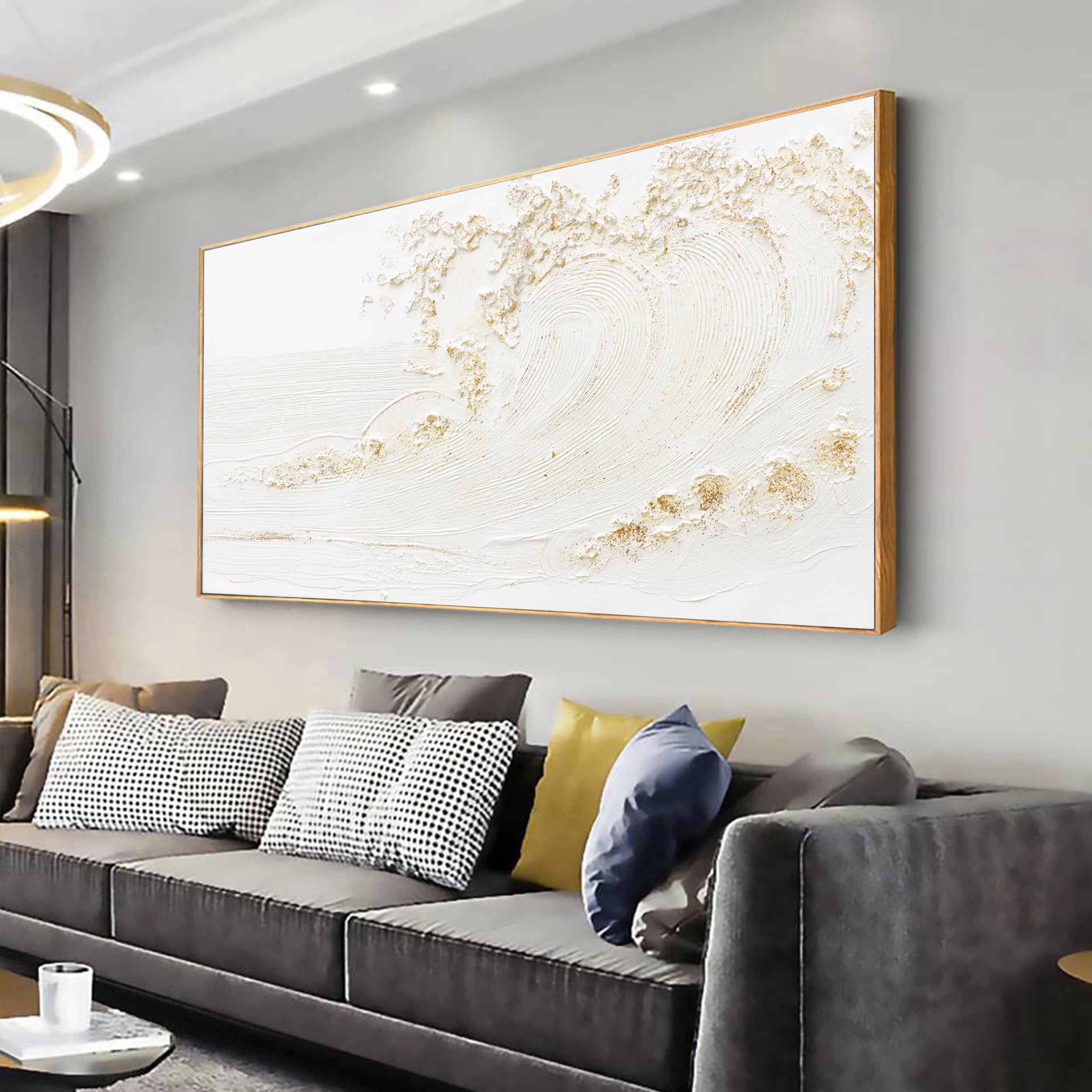 Framed Wall Art Wall Decor Nature Decor Canvas Hand Painted White Wave With Golden Embellishments Artwork Painting Picture For L