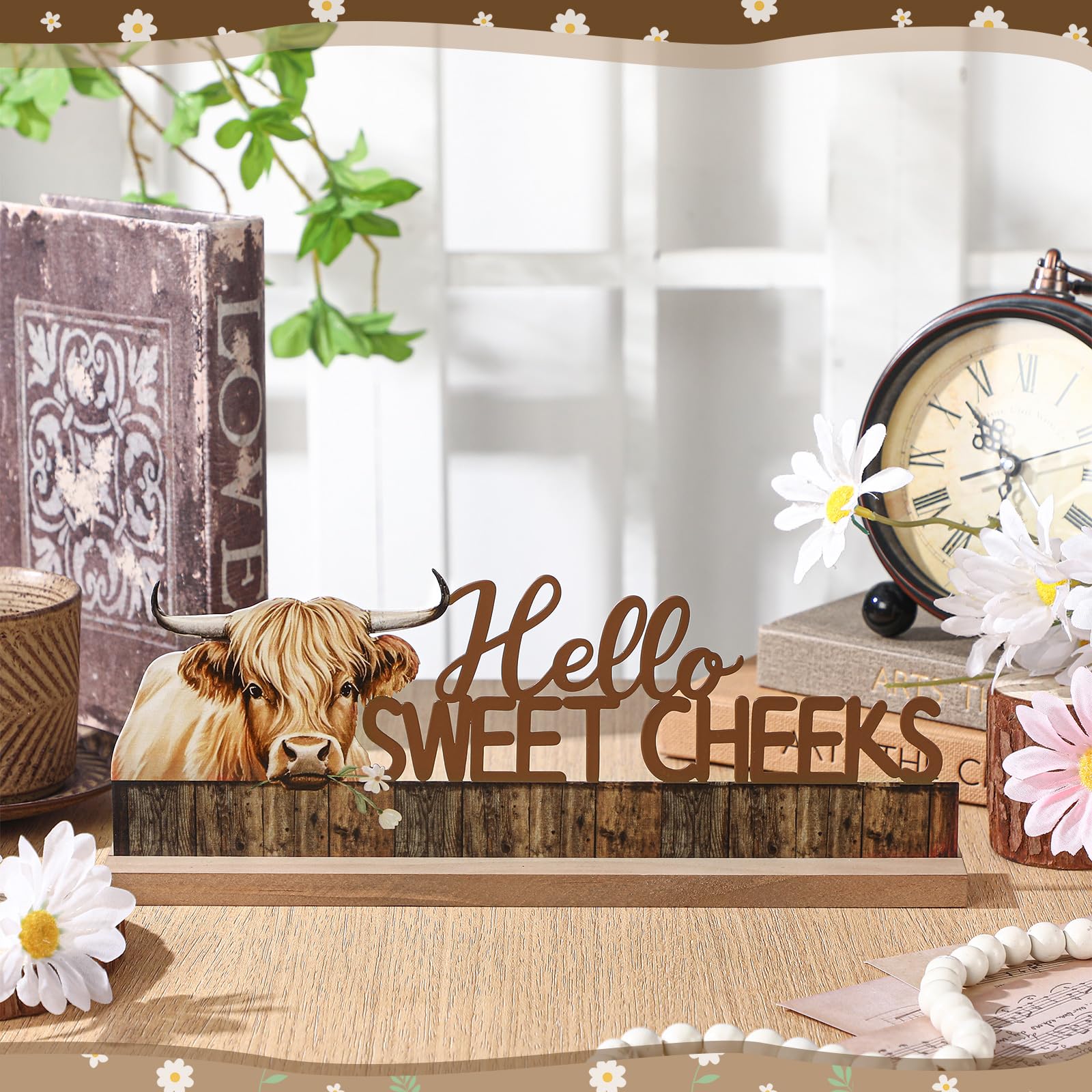 MiniInflat Highland Cow Metal Sign Rustic Table Decor Hello Sweet Cheeks Tiered Tray Decor with Wooden Base Freestanding Metal W