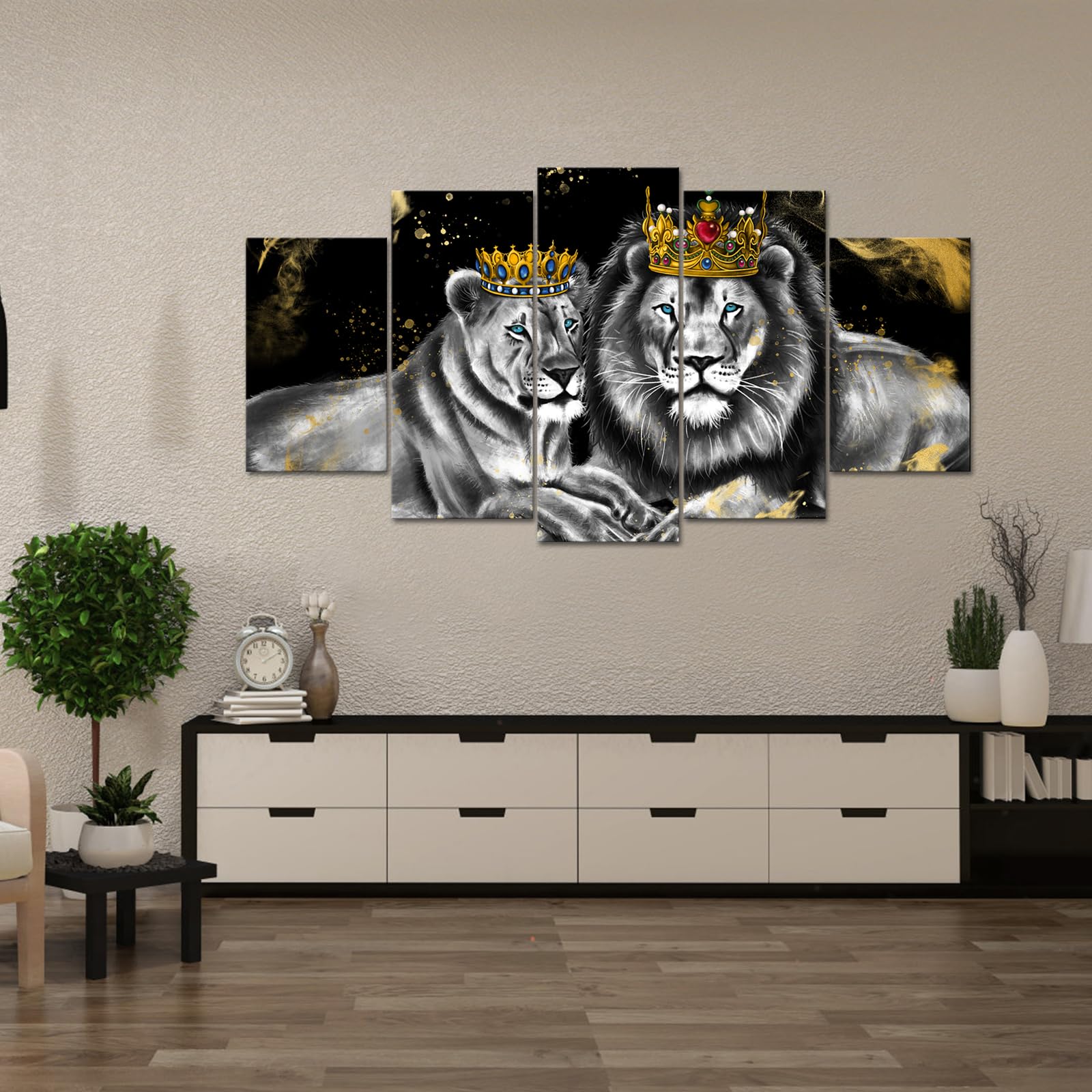 Ouelegent 5 Piece Lion And Lioness Canvas Wall Art King And Queen With Golden Crown African Animal Painting Artwork For Living R