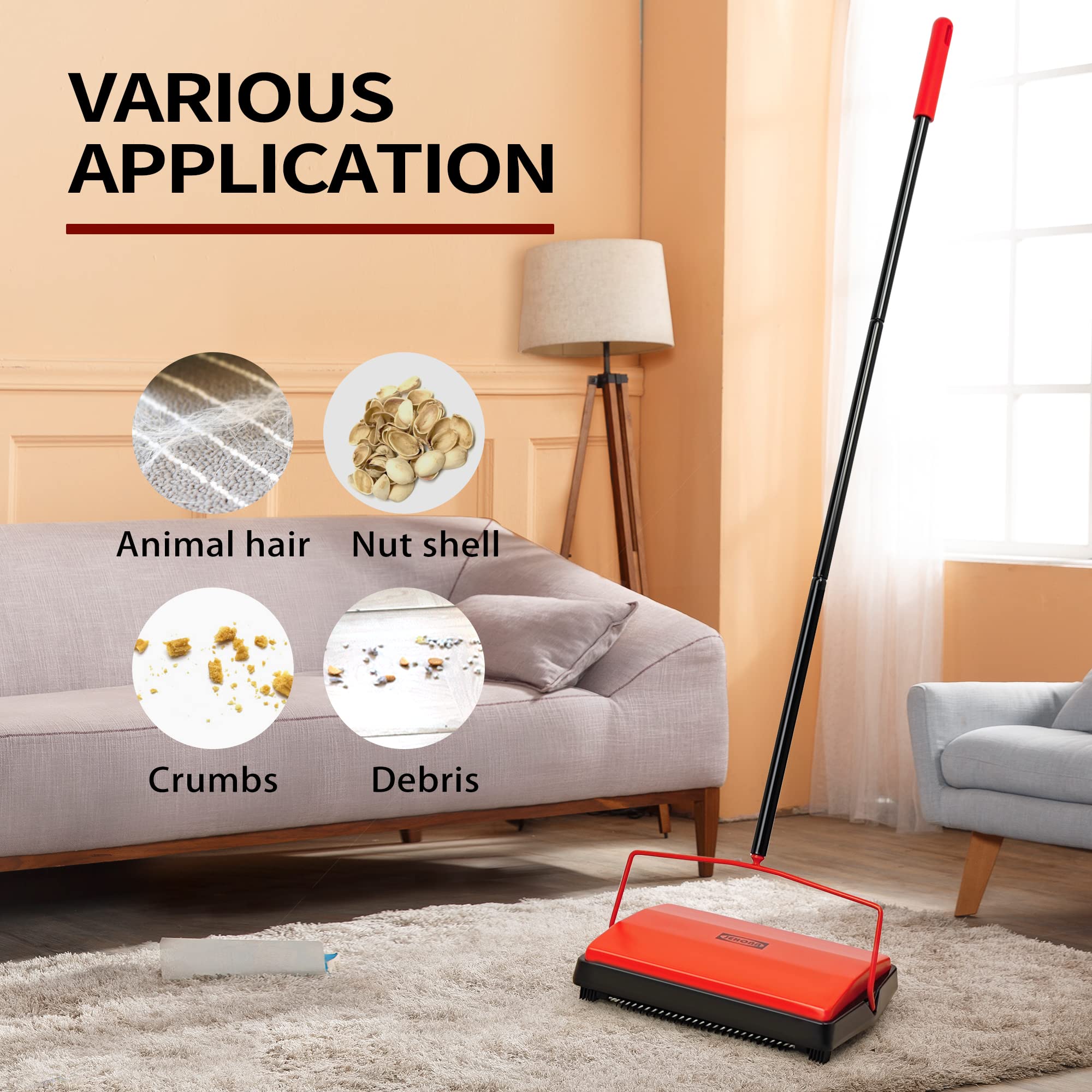 JEHONN Carpet Floor Sweeper Manual, Non-Electric, Horsehair Brush for Pet Hair & Debris, Model CS-01, Red