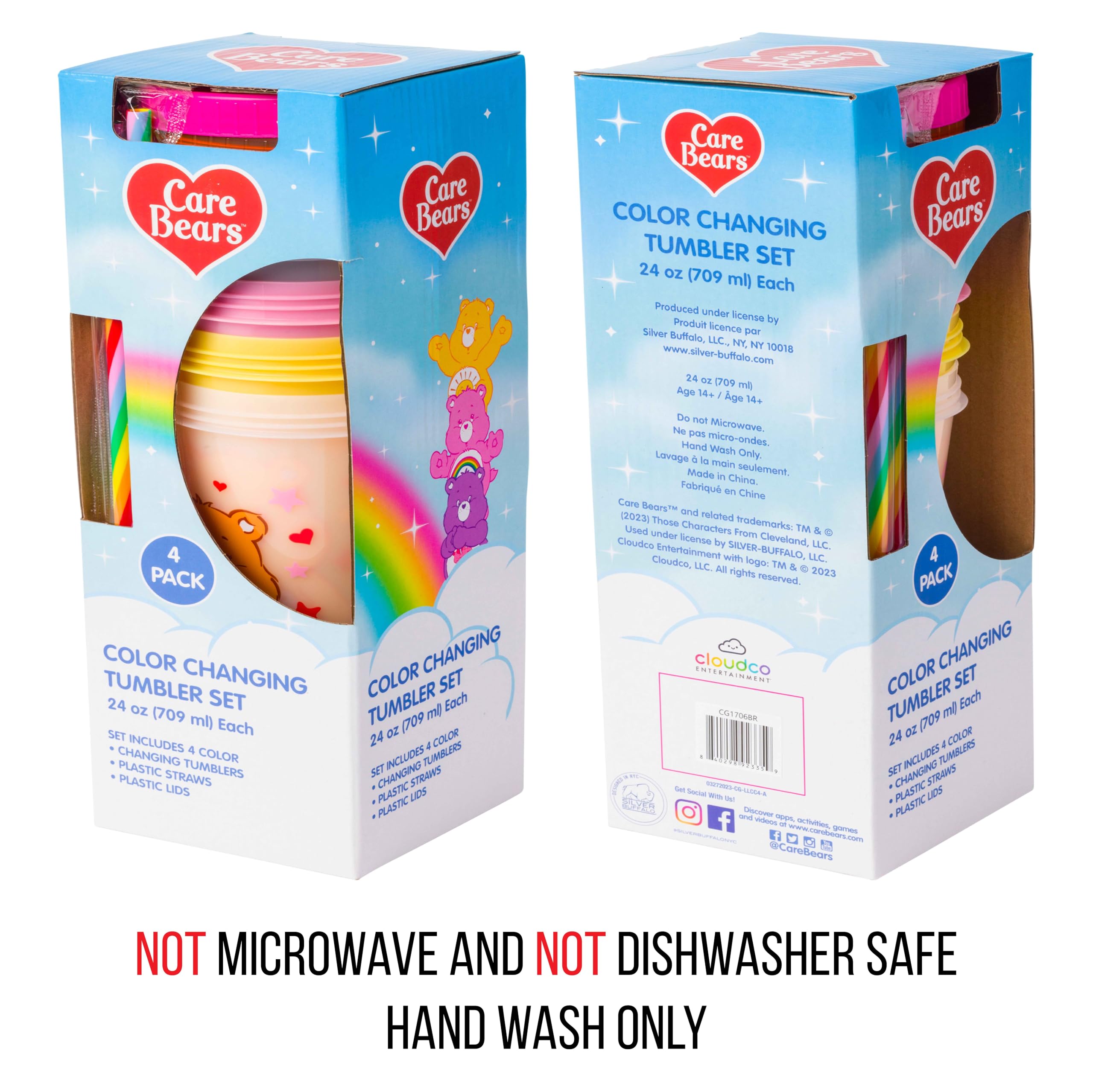 Silver Buffalo Care Bears Hearts And Stars 4 Pack Plastic Color Changing Tumblers With Rainbow Swirl Straws Featuring Tenderhear