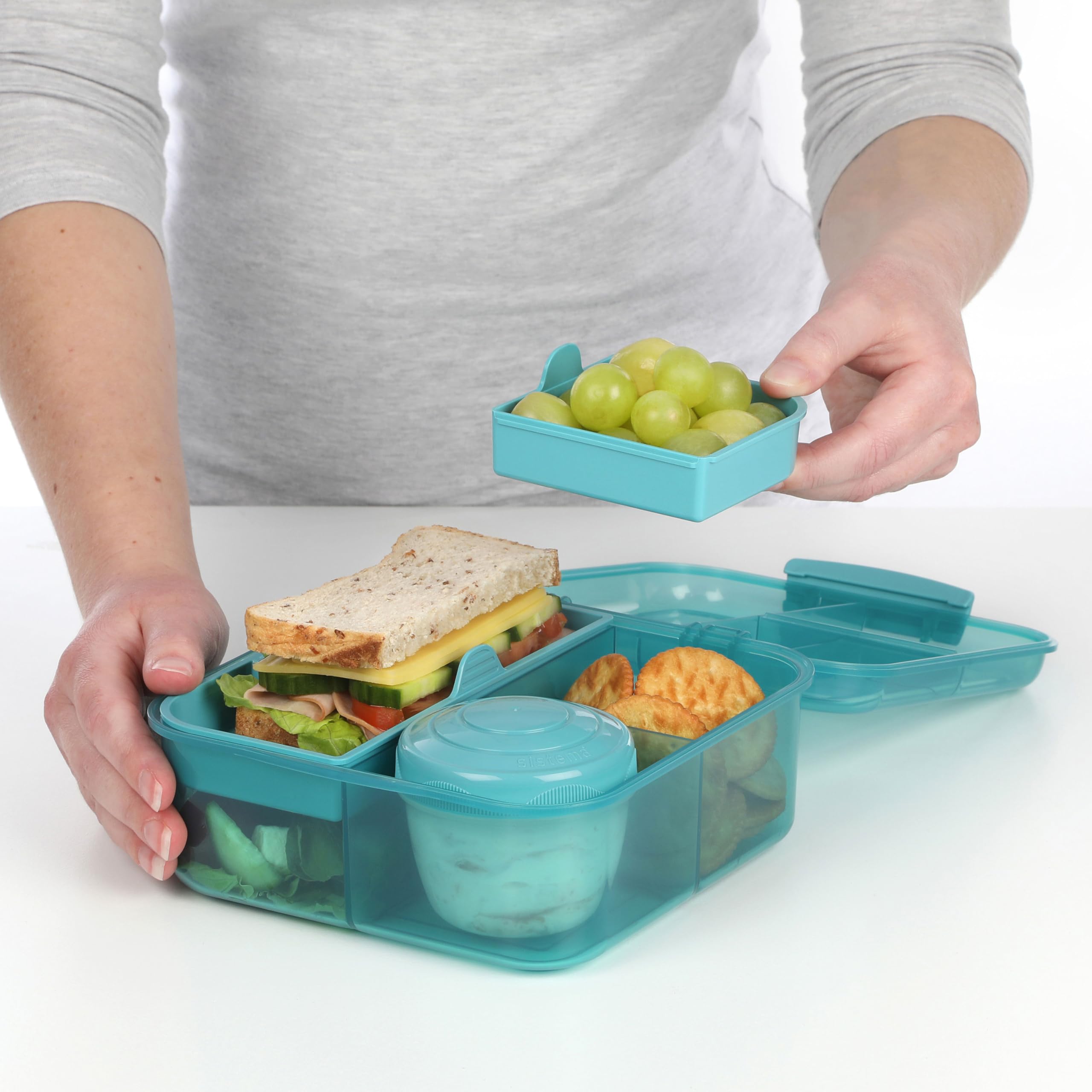 Sistema Ocean Bound Plastic Bento Box Cube | 1.25L Square Lunch Box With Yoghurt/Fruit Pot | Bpa-Free Made Using Recycled Plasti