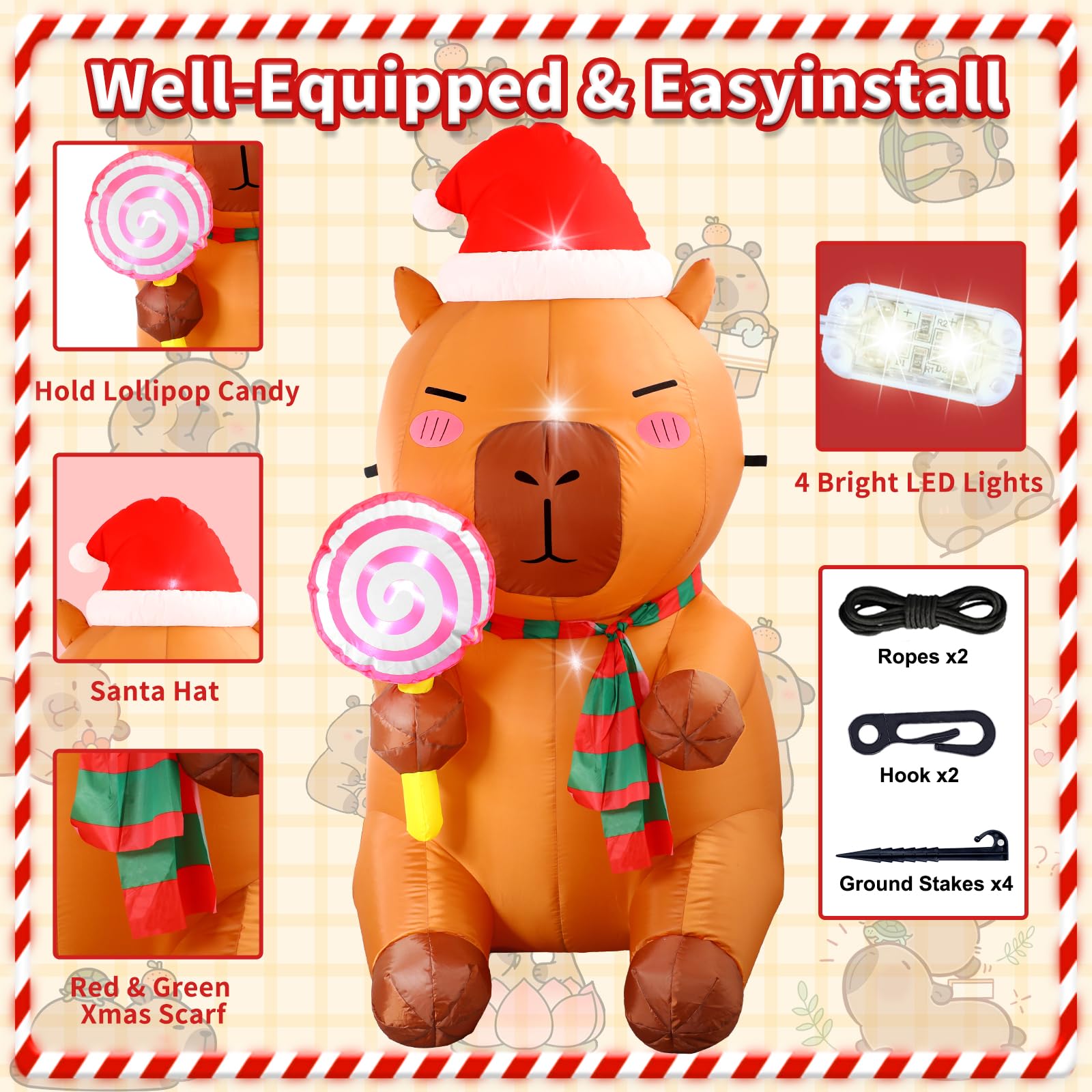 anroog Christmas Inflatable Outdoor Decorations Capybara Inflatables 4.92ft Christmas Blow Up Capybara Hold Lollipop Candy Yard