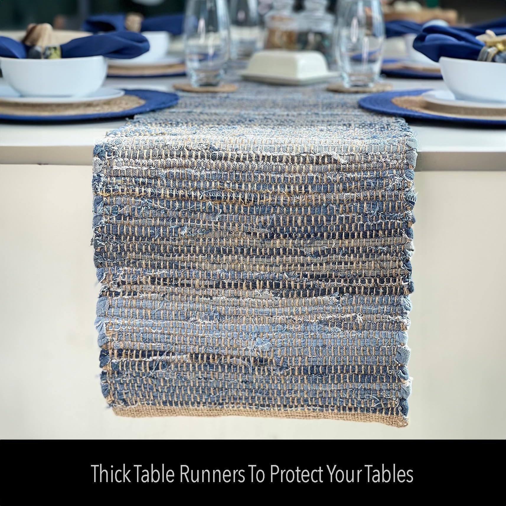 Chardin Home Eco Friendly Denim Chindi/Jute Table Runner, Size: 14''X72''