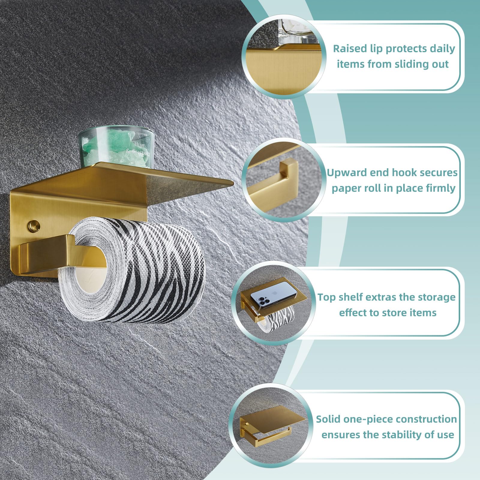 Toilet Paper Holder with Shelf Brushed Gold  APLusee SUS 304 Stainless Steel Modern Bathroom Accessories Tissue Roll Dispenser Storage