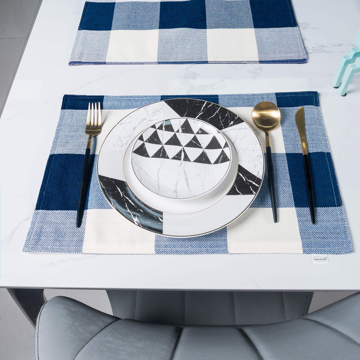 Smile Of Hope Navy Blue And White Buffalo Plaid Placemats 12 X 18 Inches Placemat Set Of 4,Linen Checkered Double Layer Check Ki