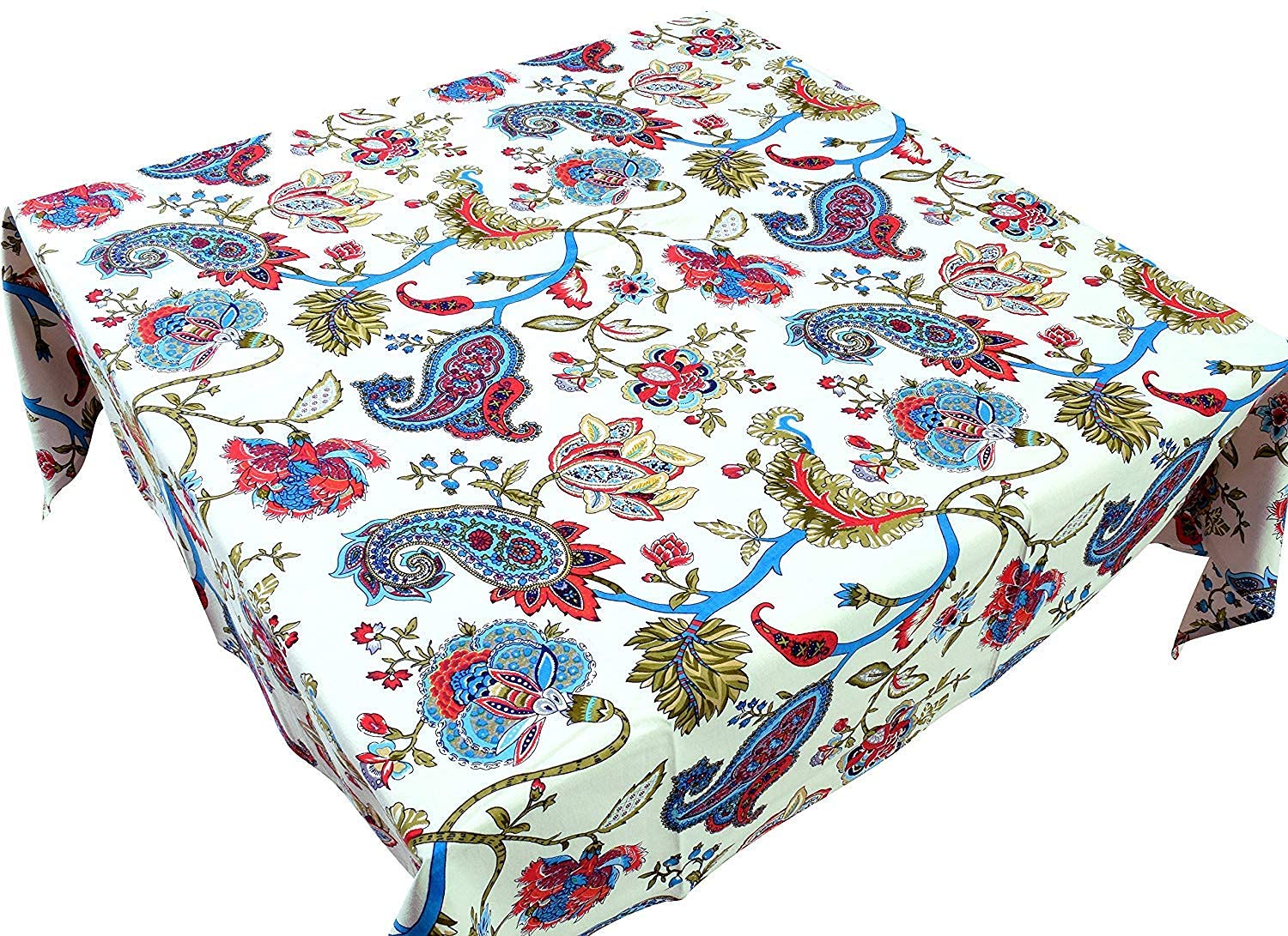 Miyanbazaz Cotton BlueMulti Color Floral Print Design 4 Seater Table Cover 48 x 48 Inch Tablecloth(Red Pompom)