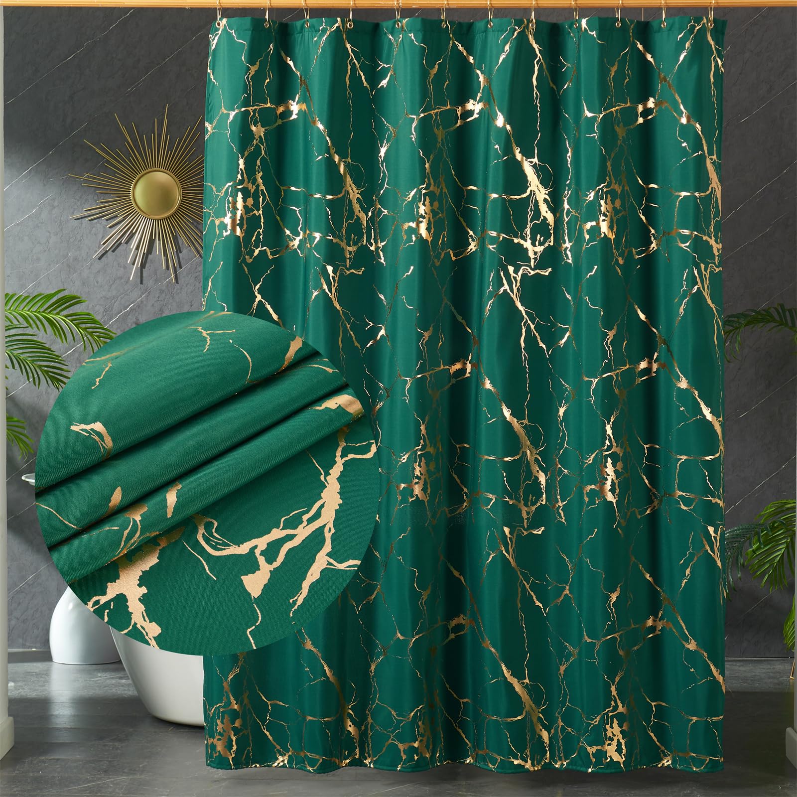 Green And Gold Shower Curtain, Marble Dark Green Shower Curtains For Bathroom With Hooks,Unique Glitter Metallic Gold Foil Print