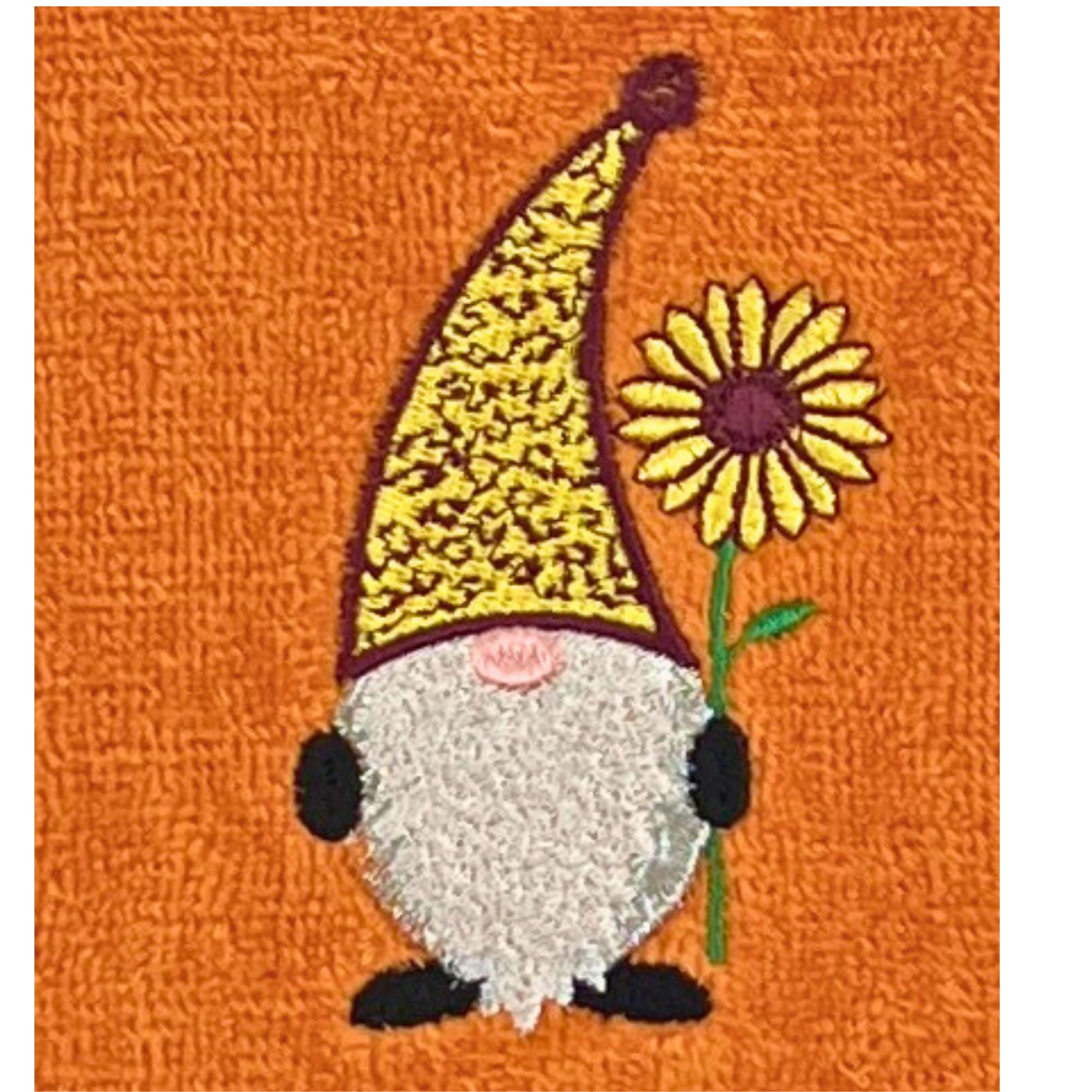 Decorative Fall Harvest Hand Fingertip Towels: Cute Garden Gnome With Sunflower On Plush Soft Cotton Orange, Set Of 2 18'' X 12'