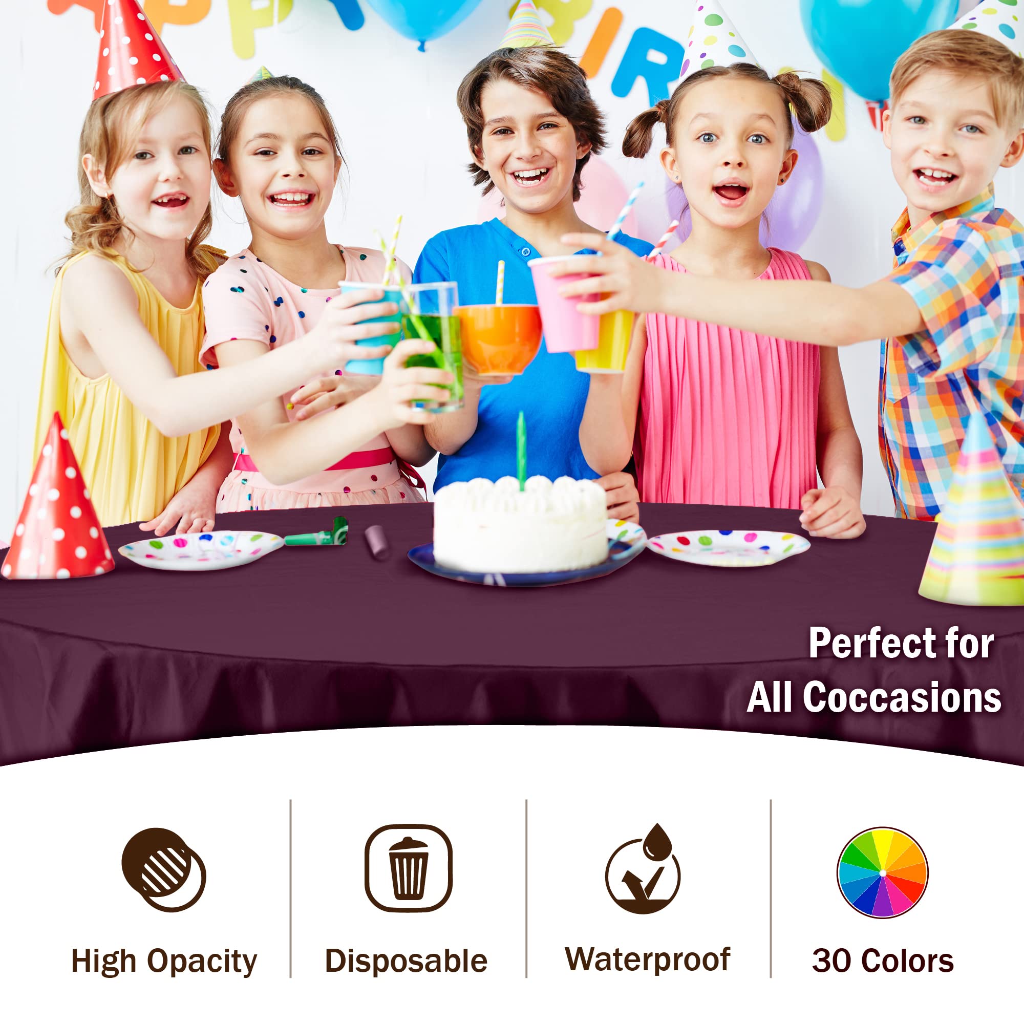 Exquisite 6-Pack Premium Plastic Tablecloth 84In. Round Plastic Table Cover - Plum