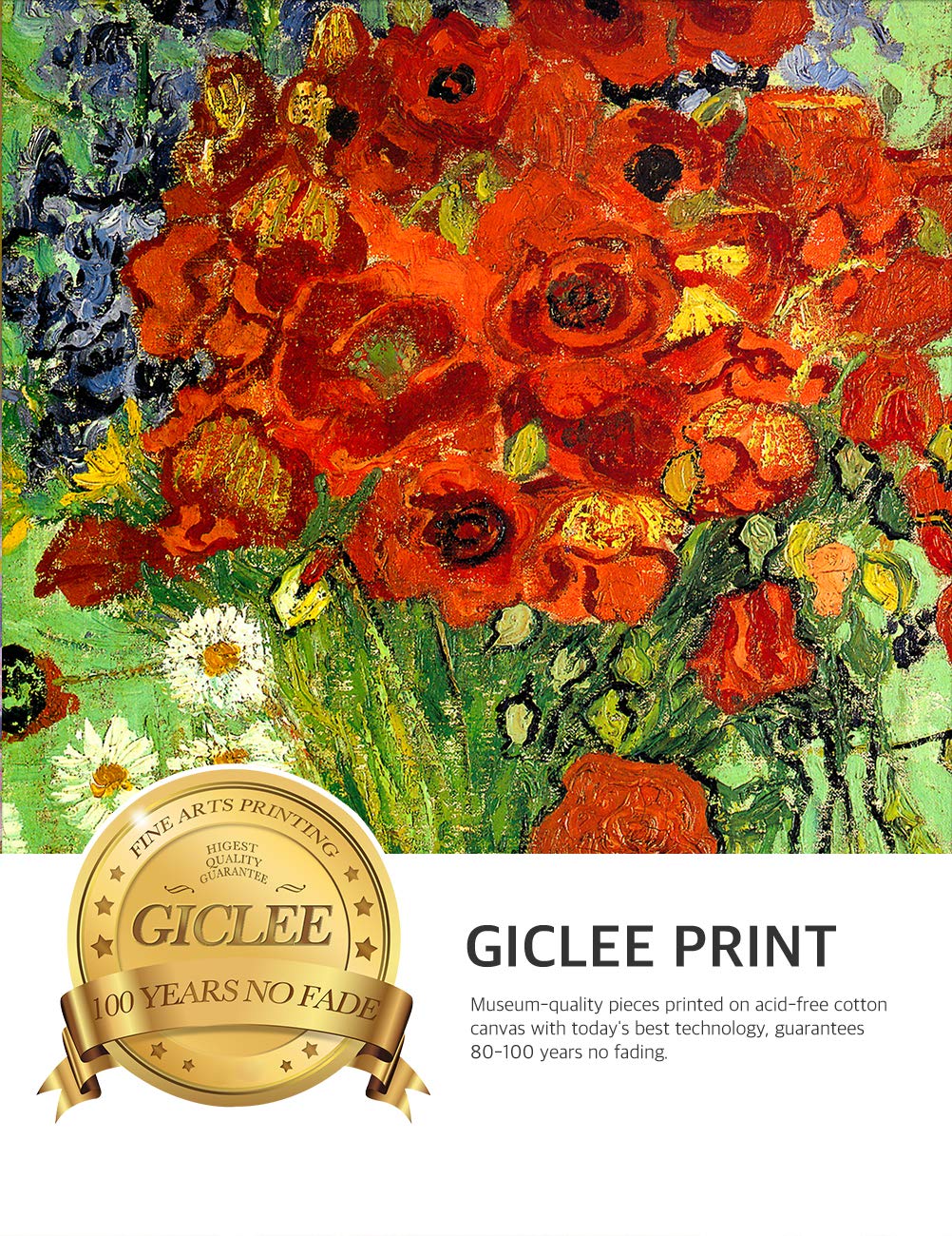 Decorarts - Red Poppies And Daisies - Vincent Van Gogh. Giclee Print On Canvas With Matching Golden-Relief Framed Wall Art. Pict