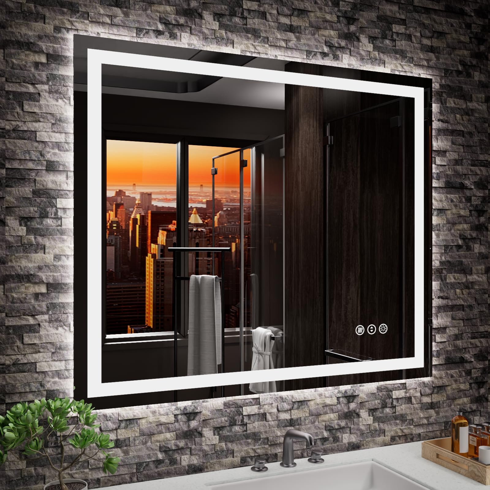 Amorho Led Mirror For Bathroom 36''X 30'' With Front Light And Backlit, Stepless Dimmable, Anti-Fog, Shatter-Proof, Memory, 3 Co