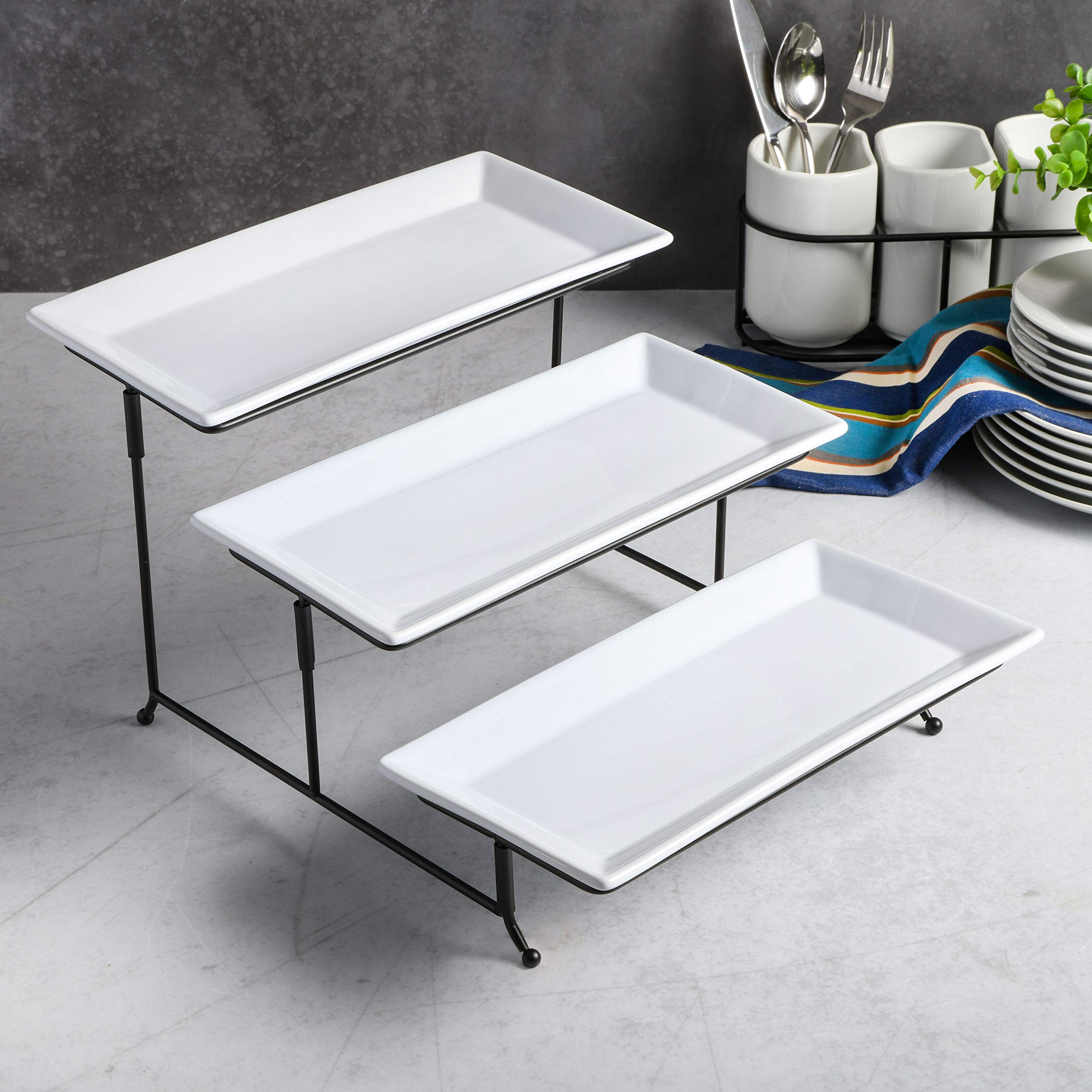 Gibson Home Gracious Dining Dinnerware, 3-Tier Rectangle Plate Set With Metal Stand, White