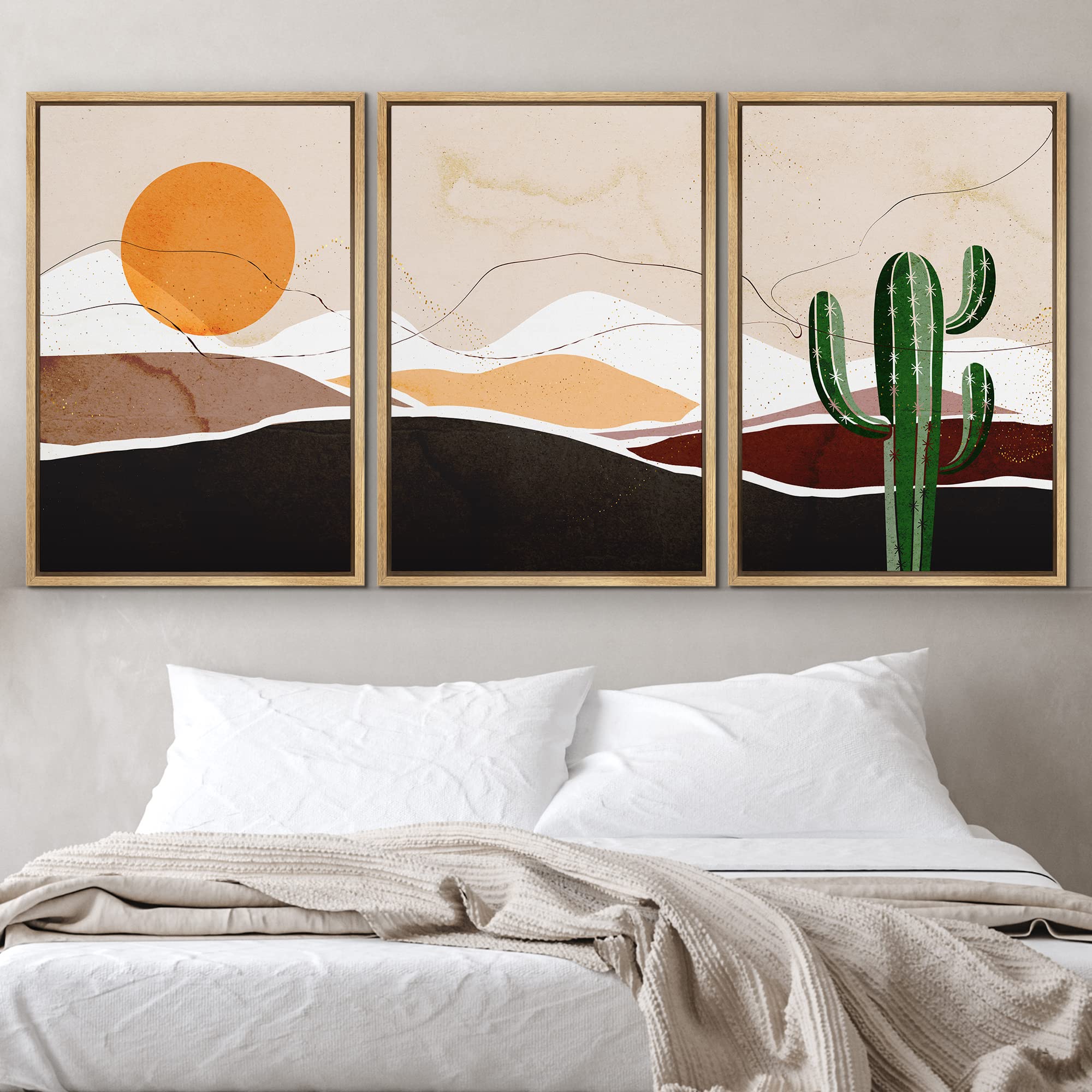 Idea4Wall Framed Canvas Print Wall Art Set Mid-Century Desert Dune Cactus Landscape Abstract Nature Illustrations Modern Art Nor