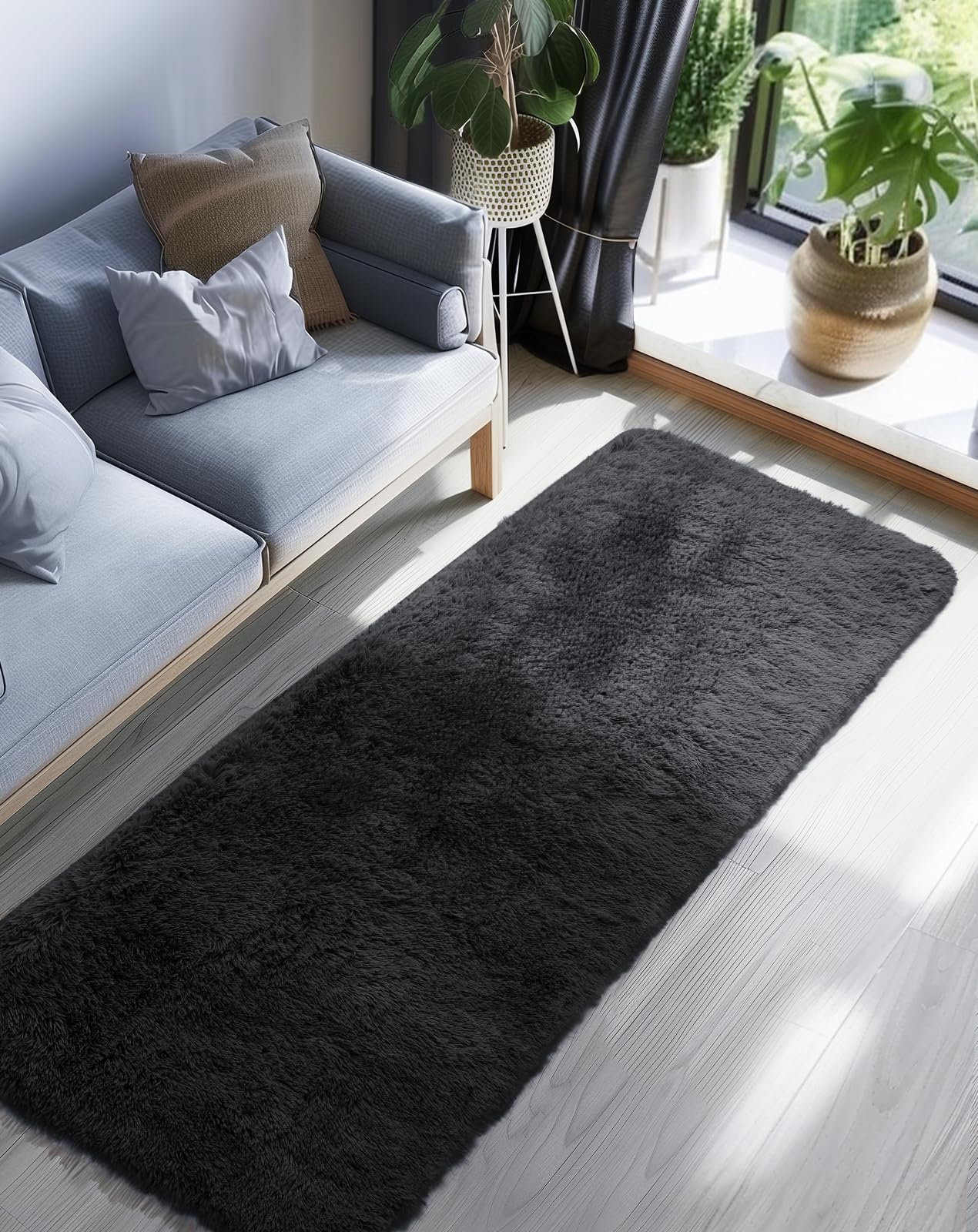 Ophanie 2x8 Runner Rug for Hallway, Upgrade Non-Slip Fluffy Soft Bedside Rugs, Bedroom Living Room Black Shaggy Carpet for Kids