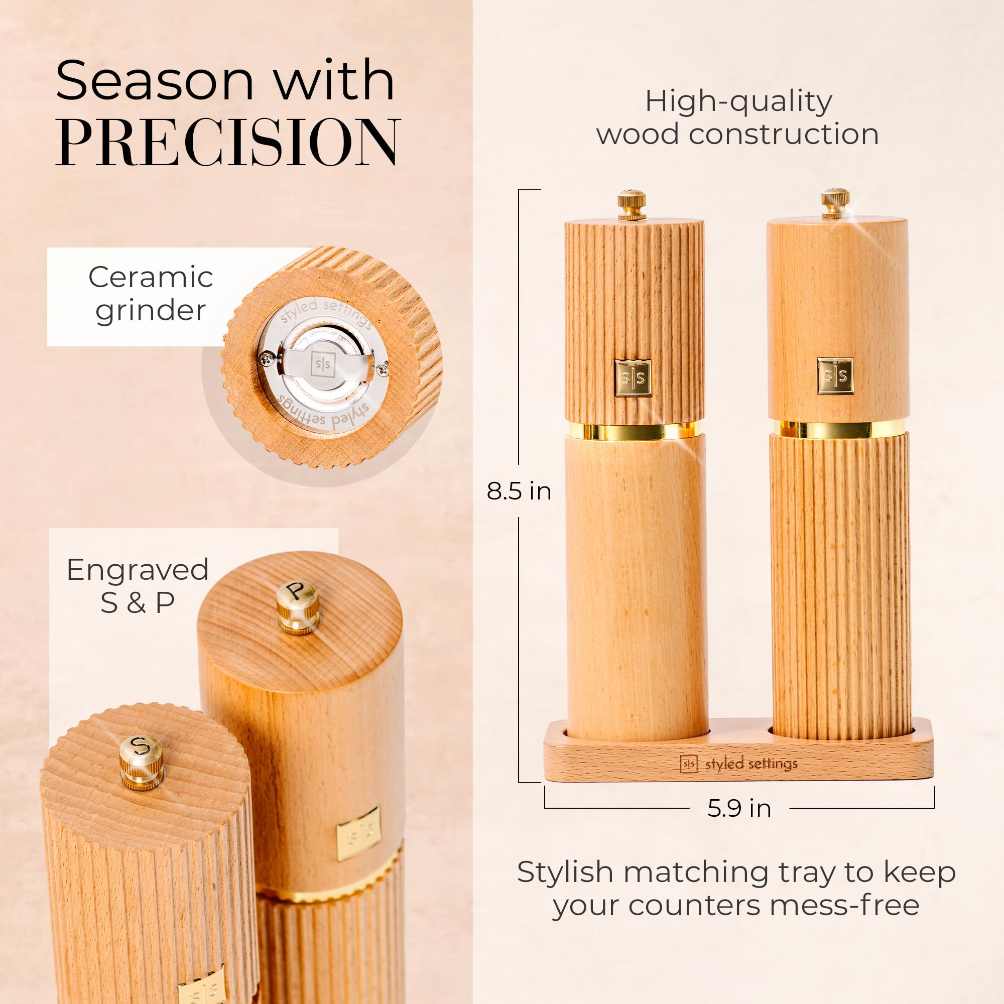 Styled Settings Wooden Salt And Pepper Grinder Set With Gold Accents - Refillable Wooden Manual Salt And Pepper Mill Set With Ad